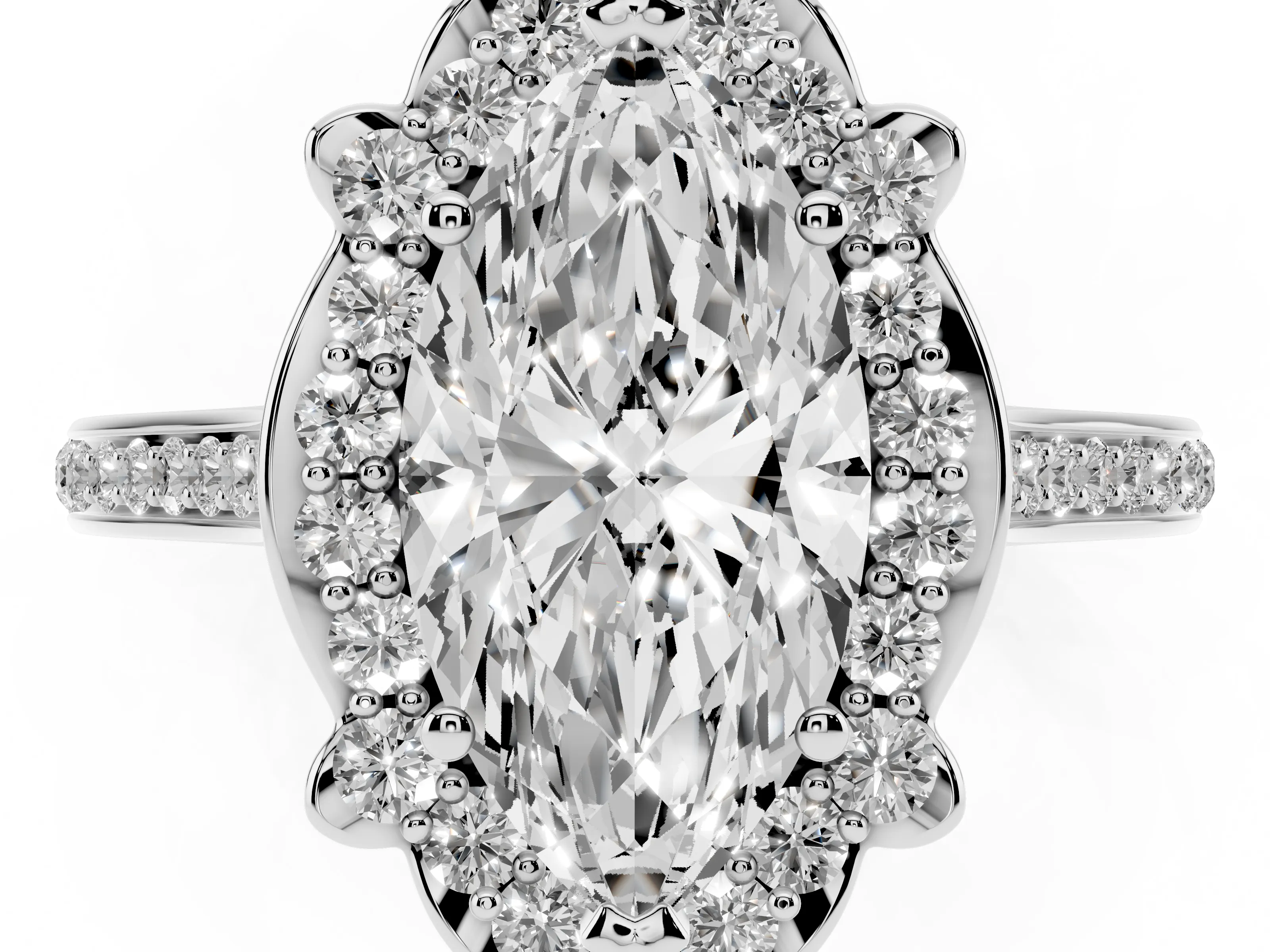 Marquise Cut Diamond Halo Ring Set in White gold with Pavé-Lined Shoulders and Prong Setting