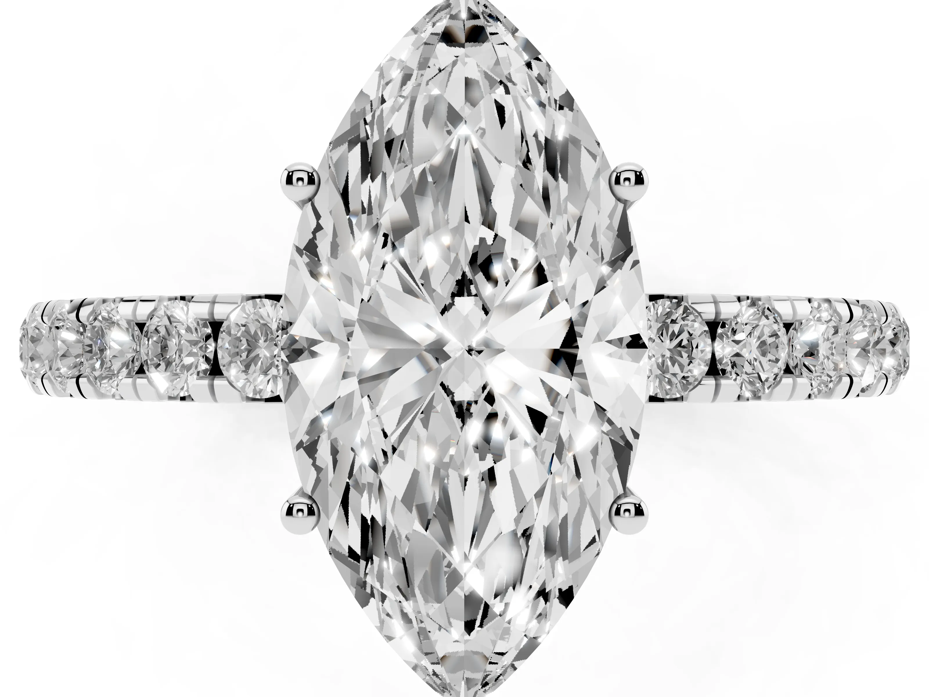 Marquise Cut Diamond Pavé Solitaire Engagement Ring Set in White gold with Prong Setting
