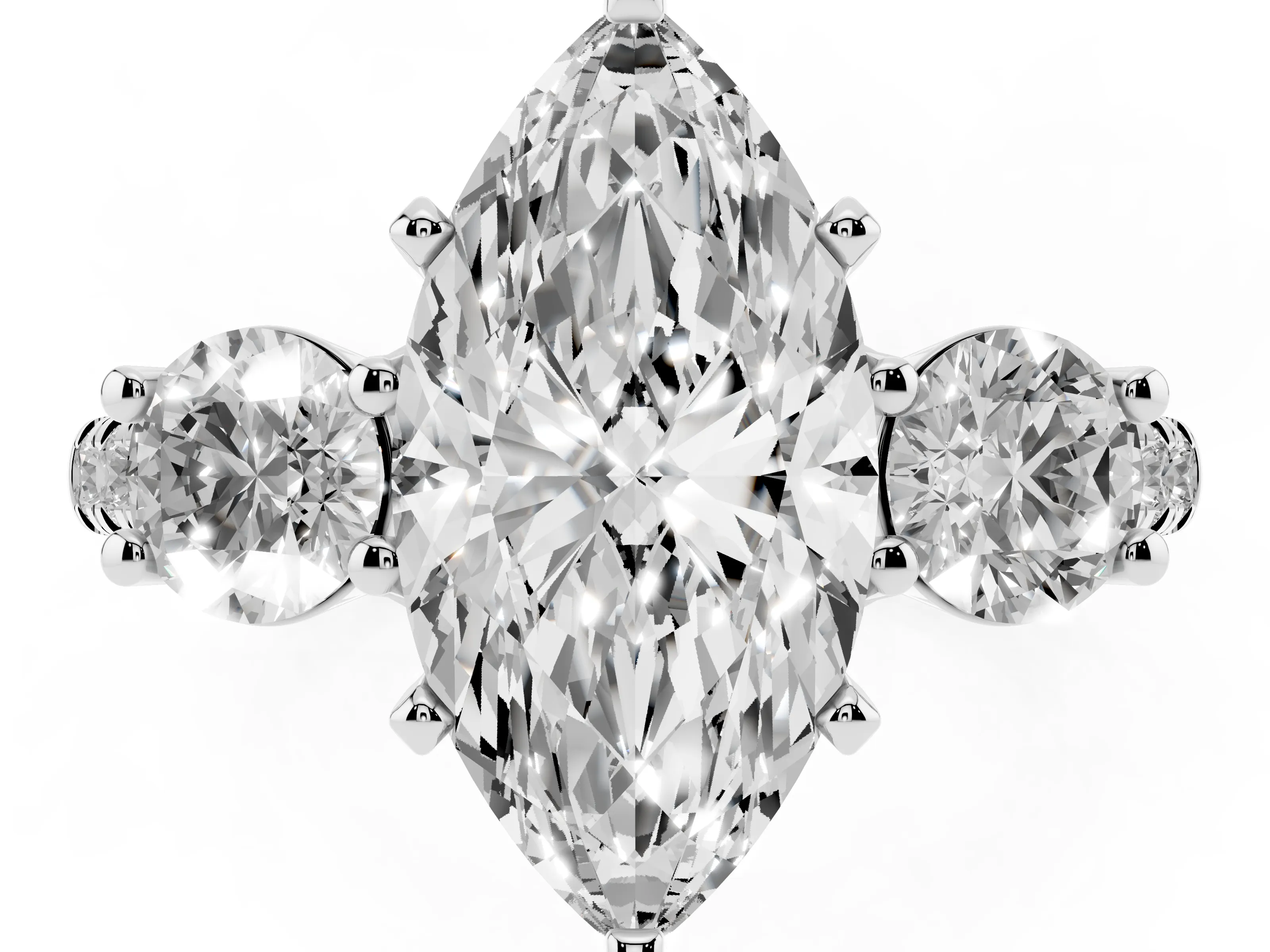 Three-Stone Marquise Cut Diamond Pavé Band Ring Set in White gold with Prong-Set Trio