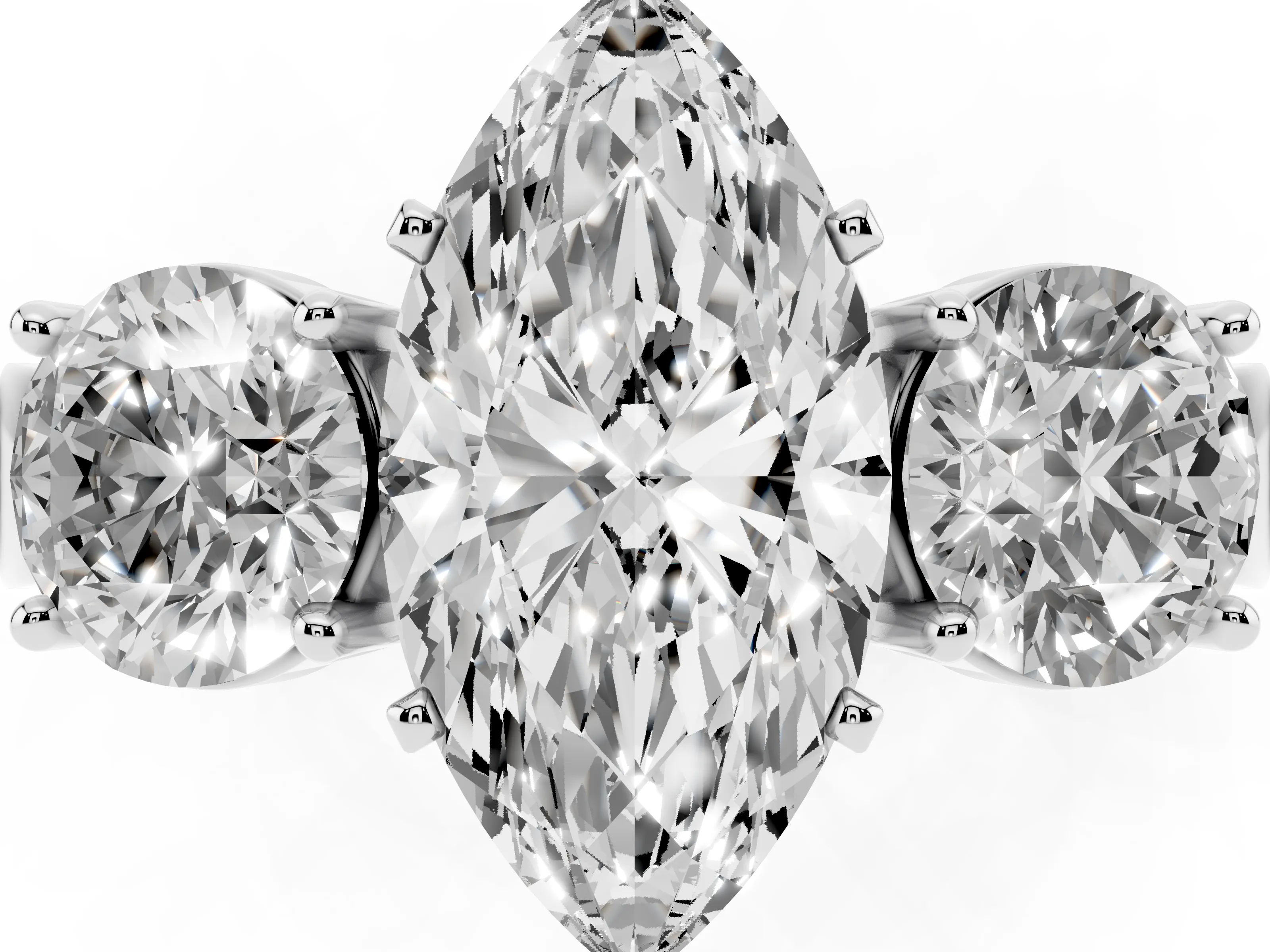 Marquise Cut Diamond Three-Stone Ring Set in Platinum with Round Side Stones and Classic Band