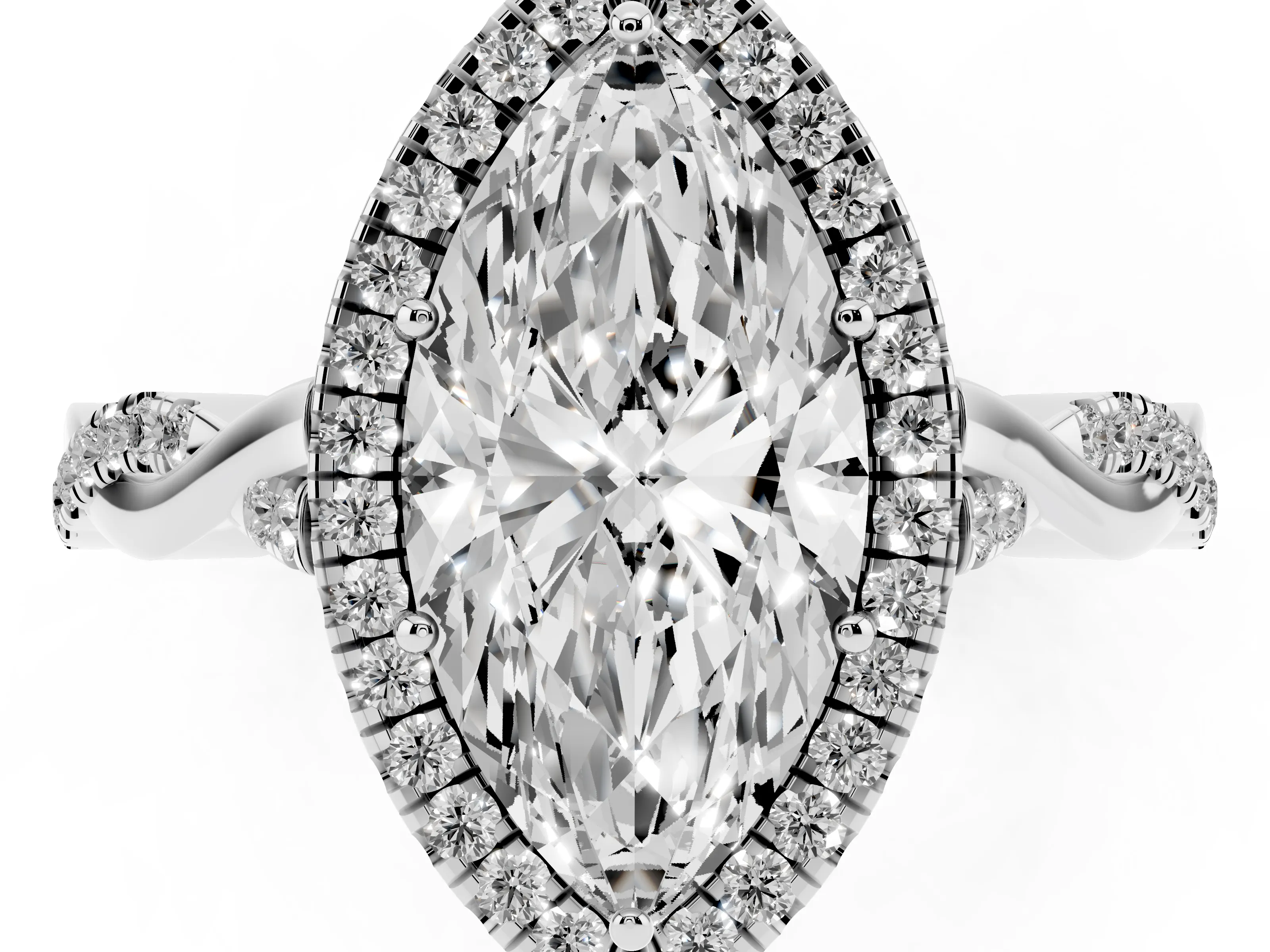 Marquise Cut Diamond Halo Twist Band Solitaire Ring Set in Silver with Prong Setting
