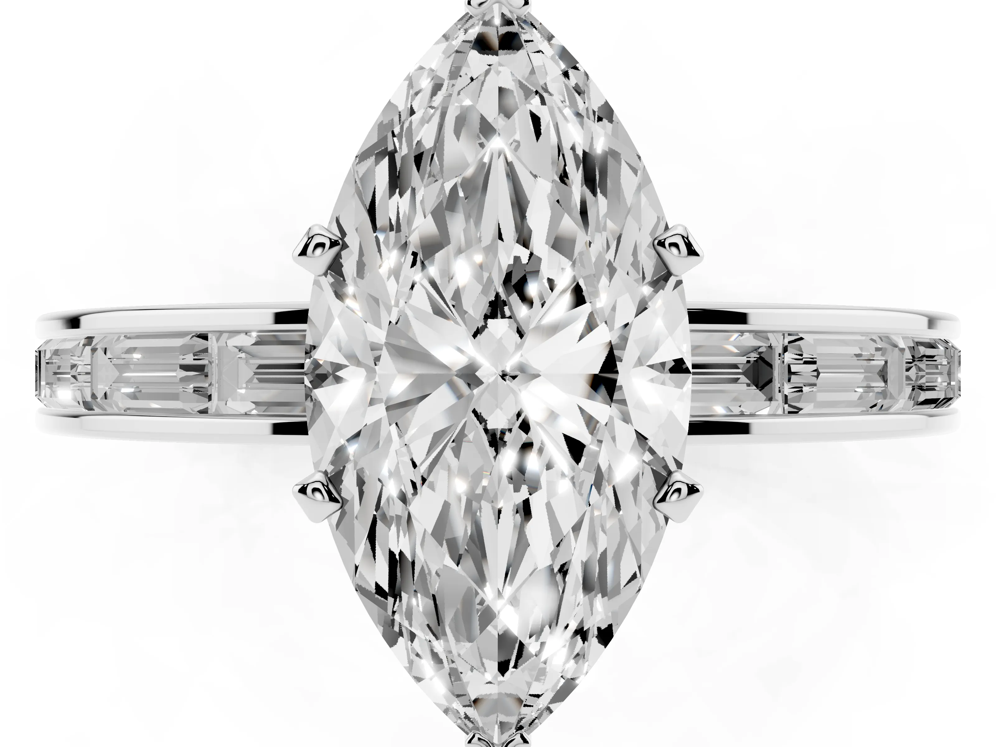 Marquise Cut Diamond Solitaire Ring Set in White gold with Channel-Set Baguette Band and Prong Setting
