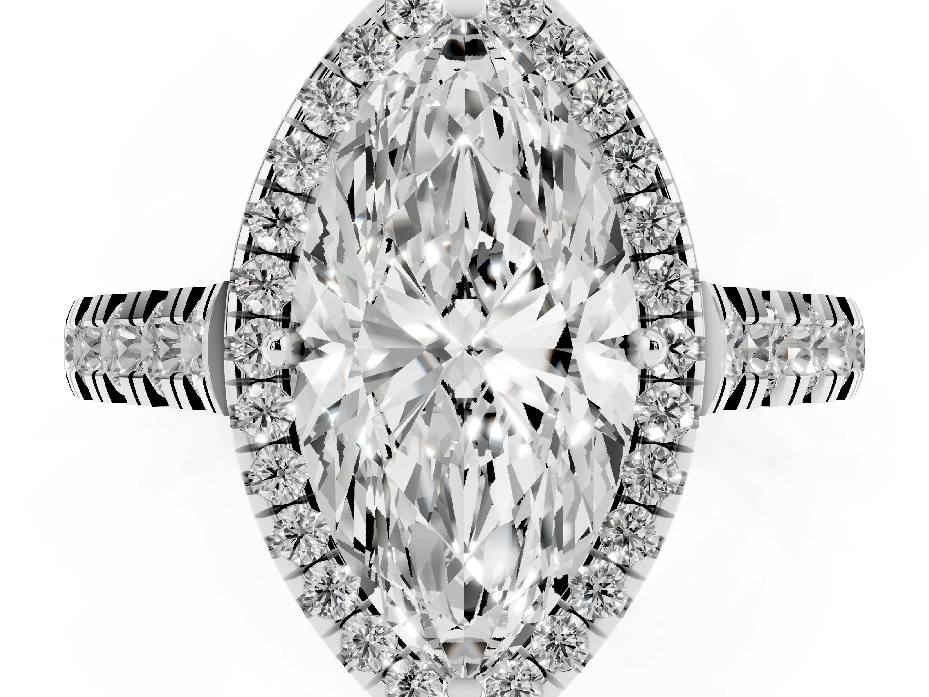 Marquise Cut Diamond Halo Engagement Ring Set in Platinum with Pavé Band and Prong-Set Center
