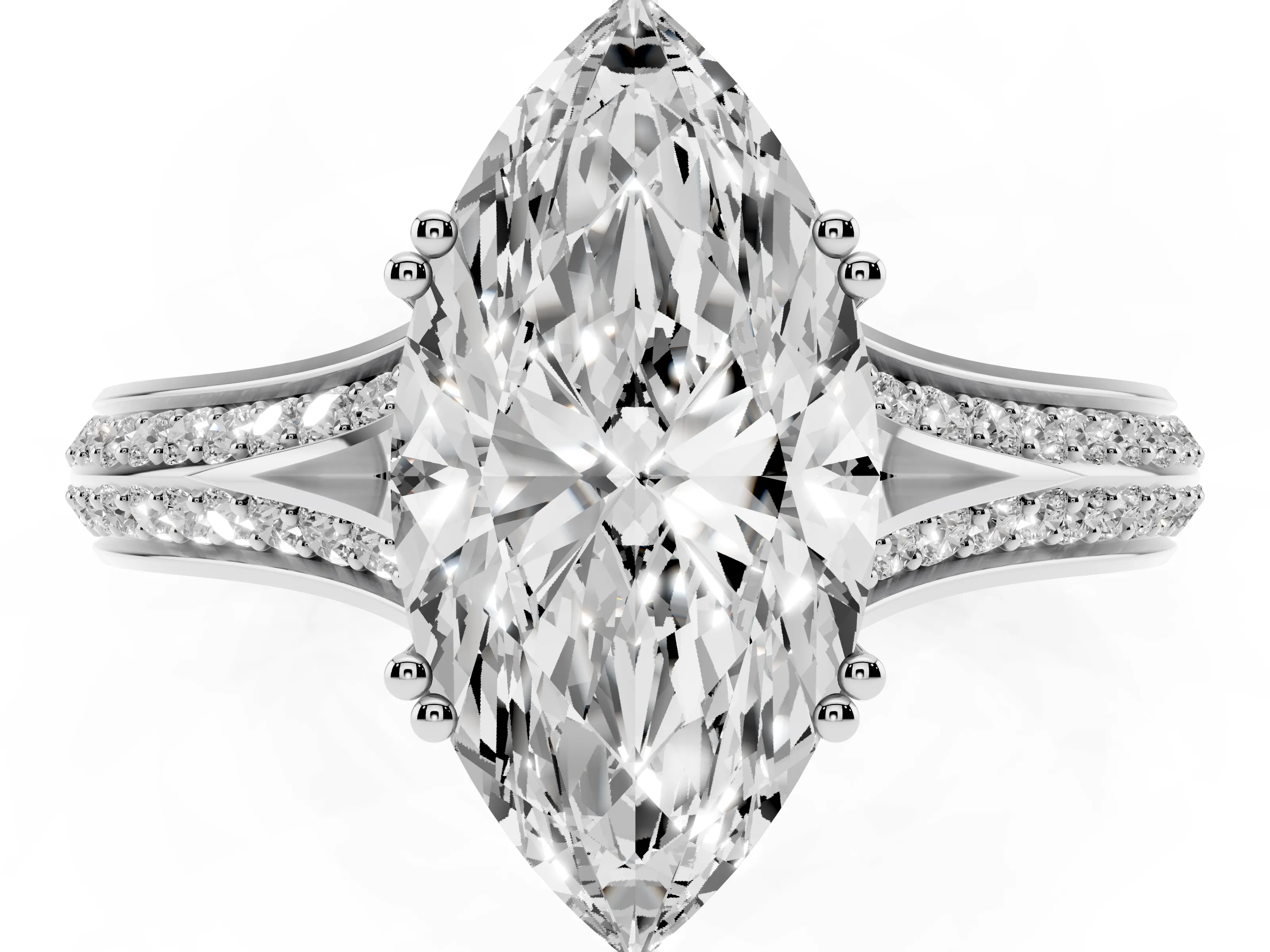 Marquise Cut Diamond Split Shank Pavé Engagement Ring Set in Platinum with Prong-Set Center Stone