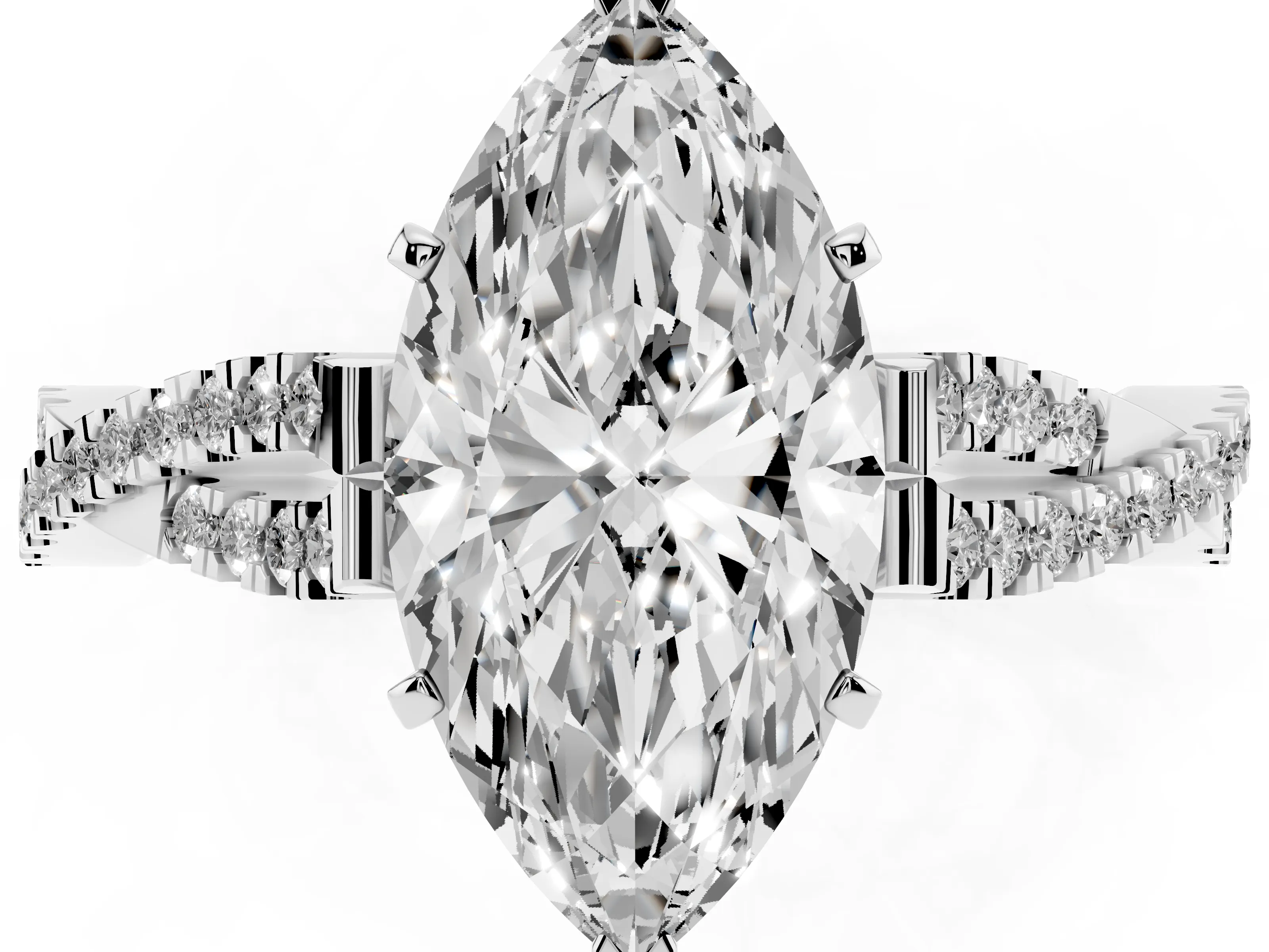 Marquise Cut Diamond Solitaire Engagement Ring Set in White gold with Twisted Pavé Band and Prong Setting