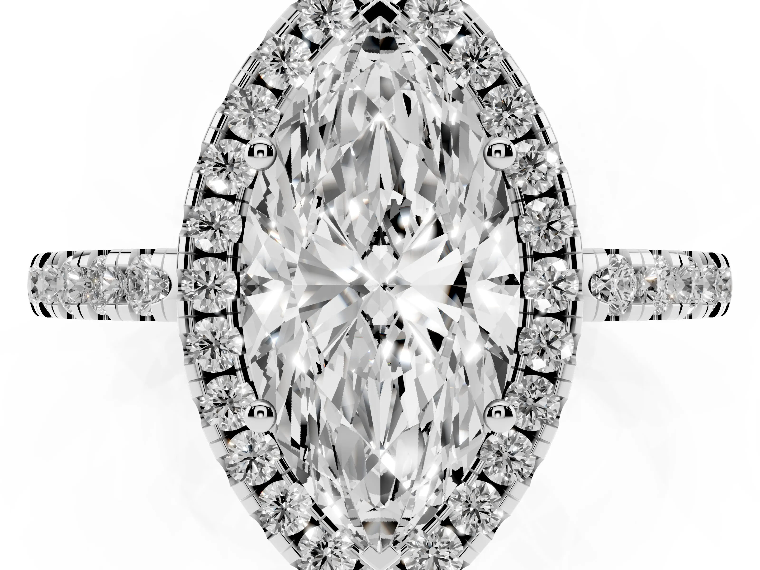 Marquise Cut Diamond Pavé Band Halo Engagement Ring Set in Platinum with Prong Setting