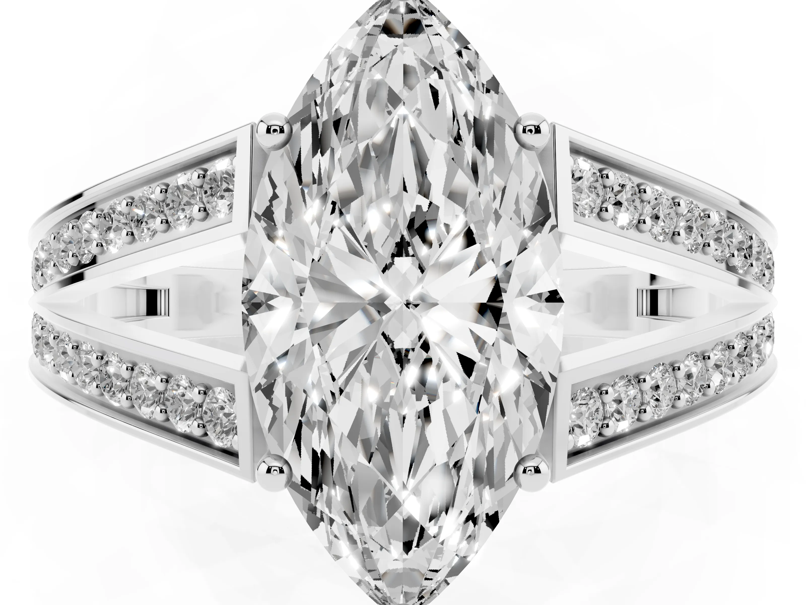 Marquise Cut Diamond Split Shank Ring Set in Platinum with Pavé Band and Prong Setting