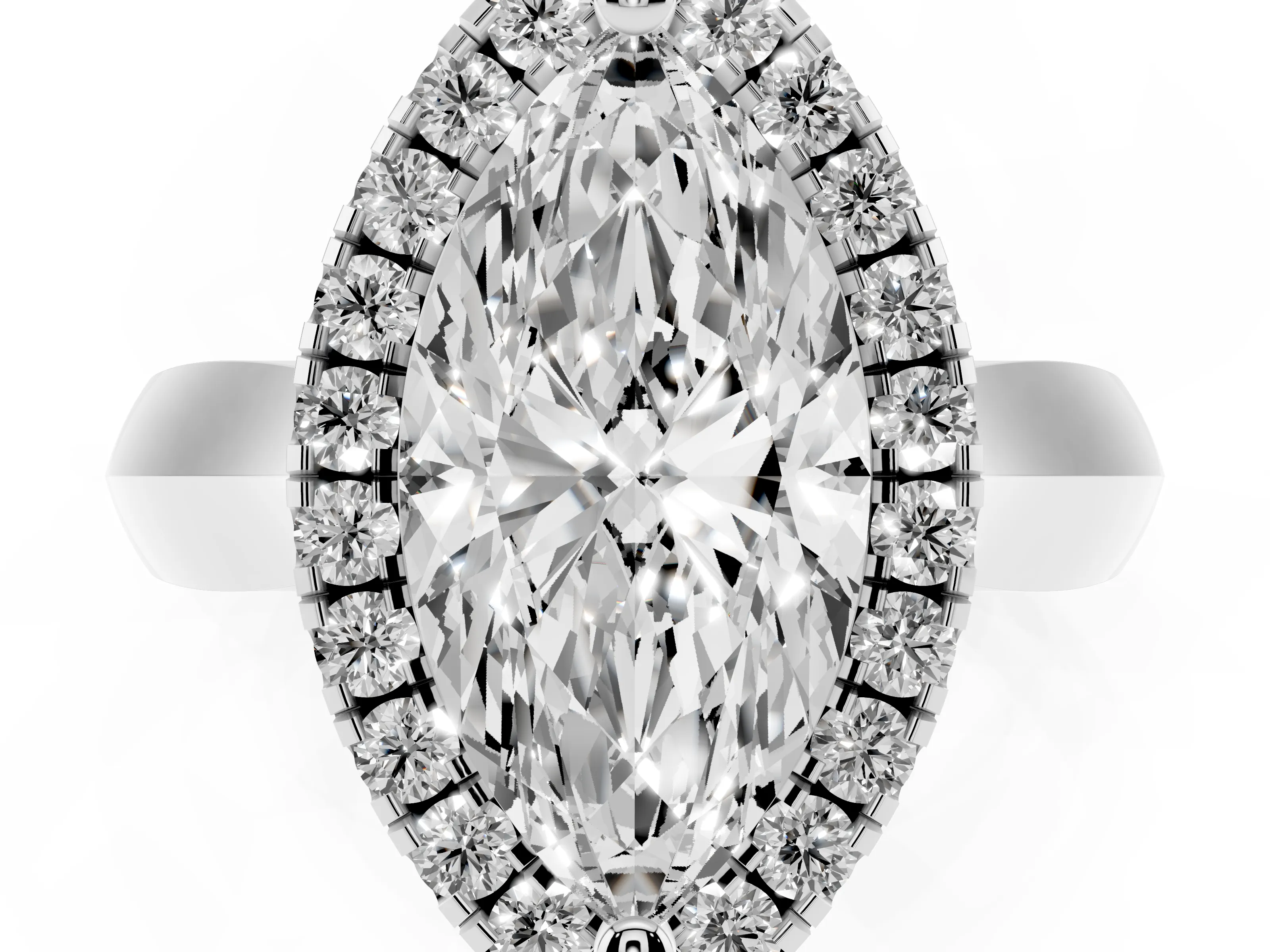 Marquise Cut Diamond Halo Solitaire Engagement Ring Set in Silver with Square Band and Prong Setting