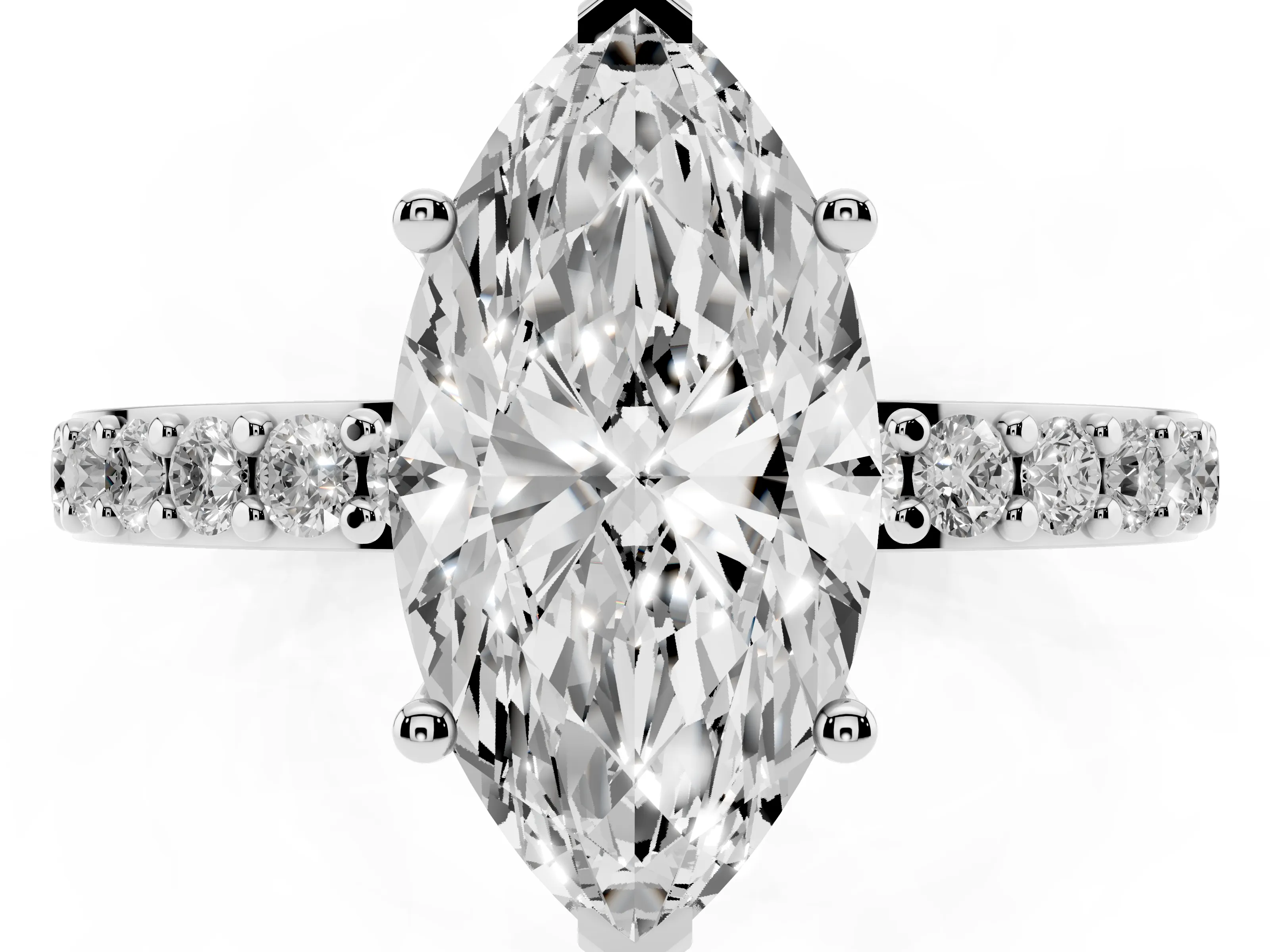 Marquise Cut Diamond Solitaire Set in White gold with Round Pavé Band and Prong Setting