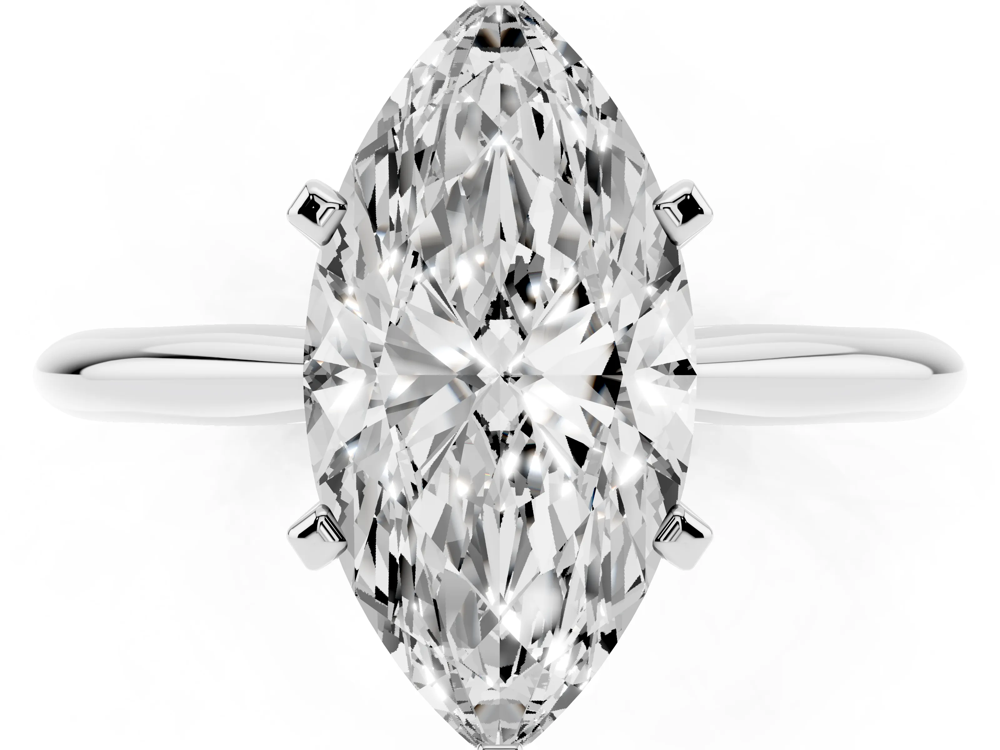Marquise Cut Diamond Solitaire Ring Set in Platinum with Prong Setting on a Plain Round Band