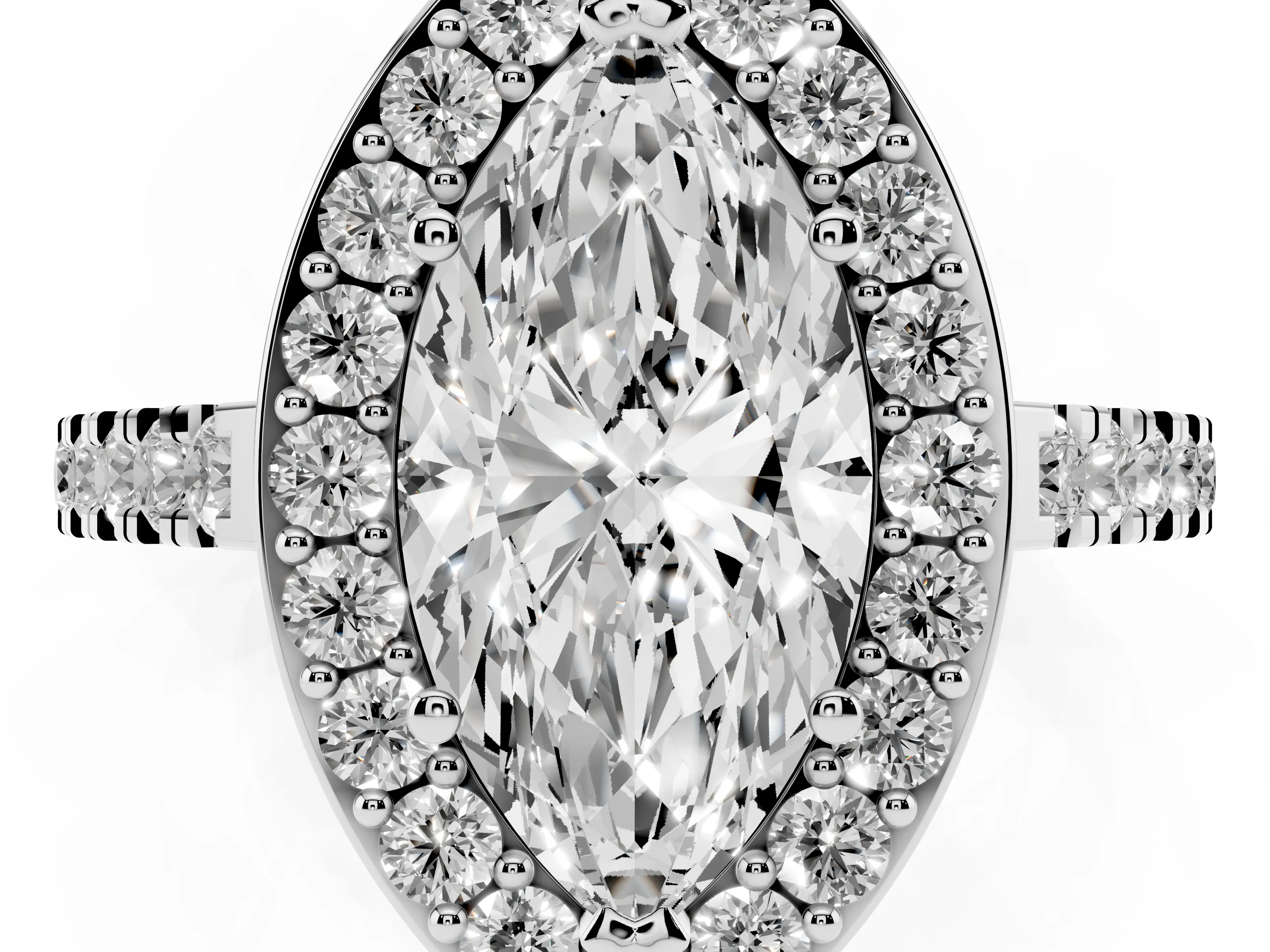 Marquise Cut Diamond Halo Ring Set in Silver with Round Pavé Split Shank and Prong Setting