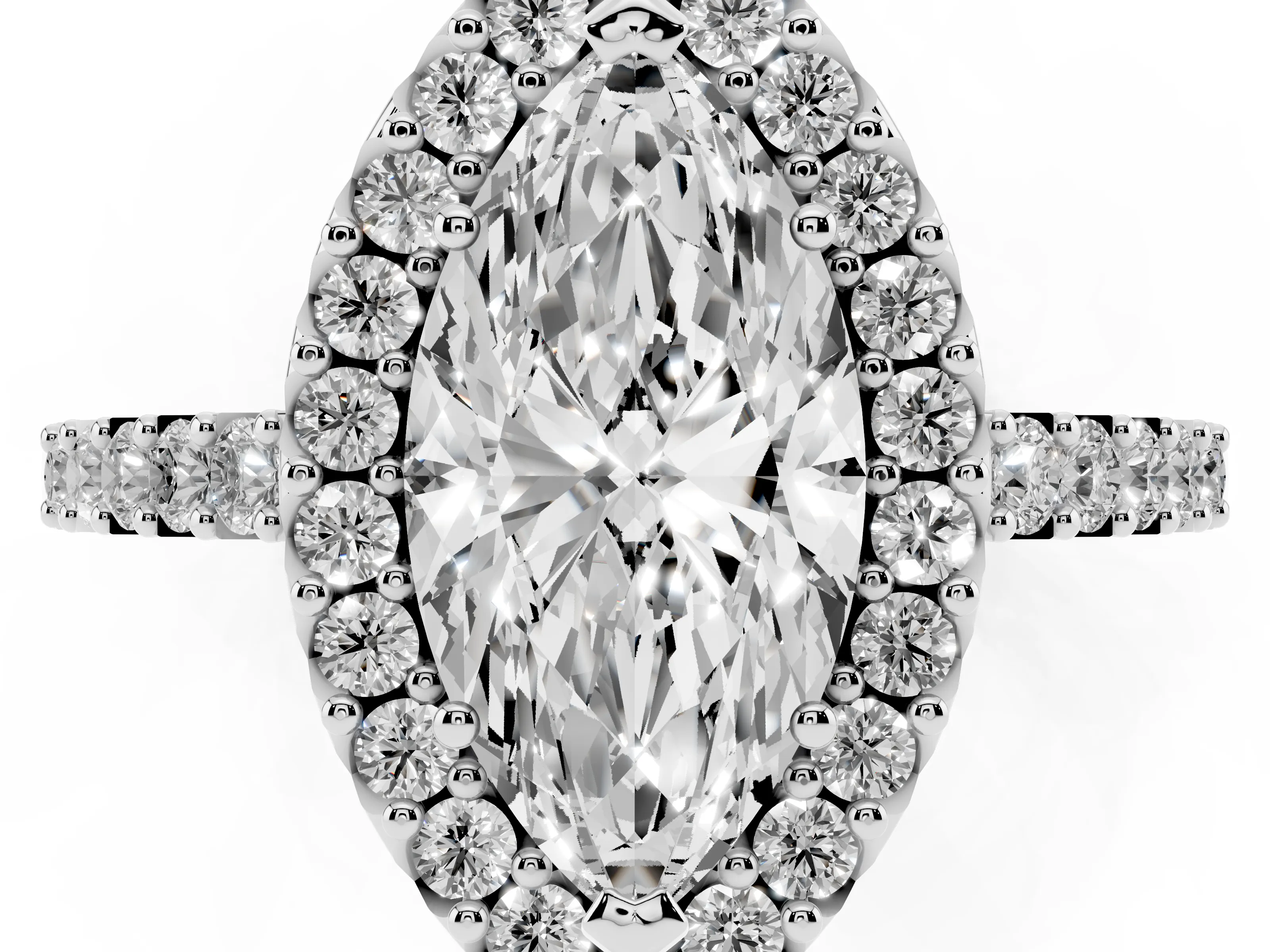 Marquise Cut Diamond Halo Pavé Solitaire Ring Set in White gold with Prong-Set Center Stone
