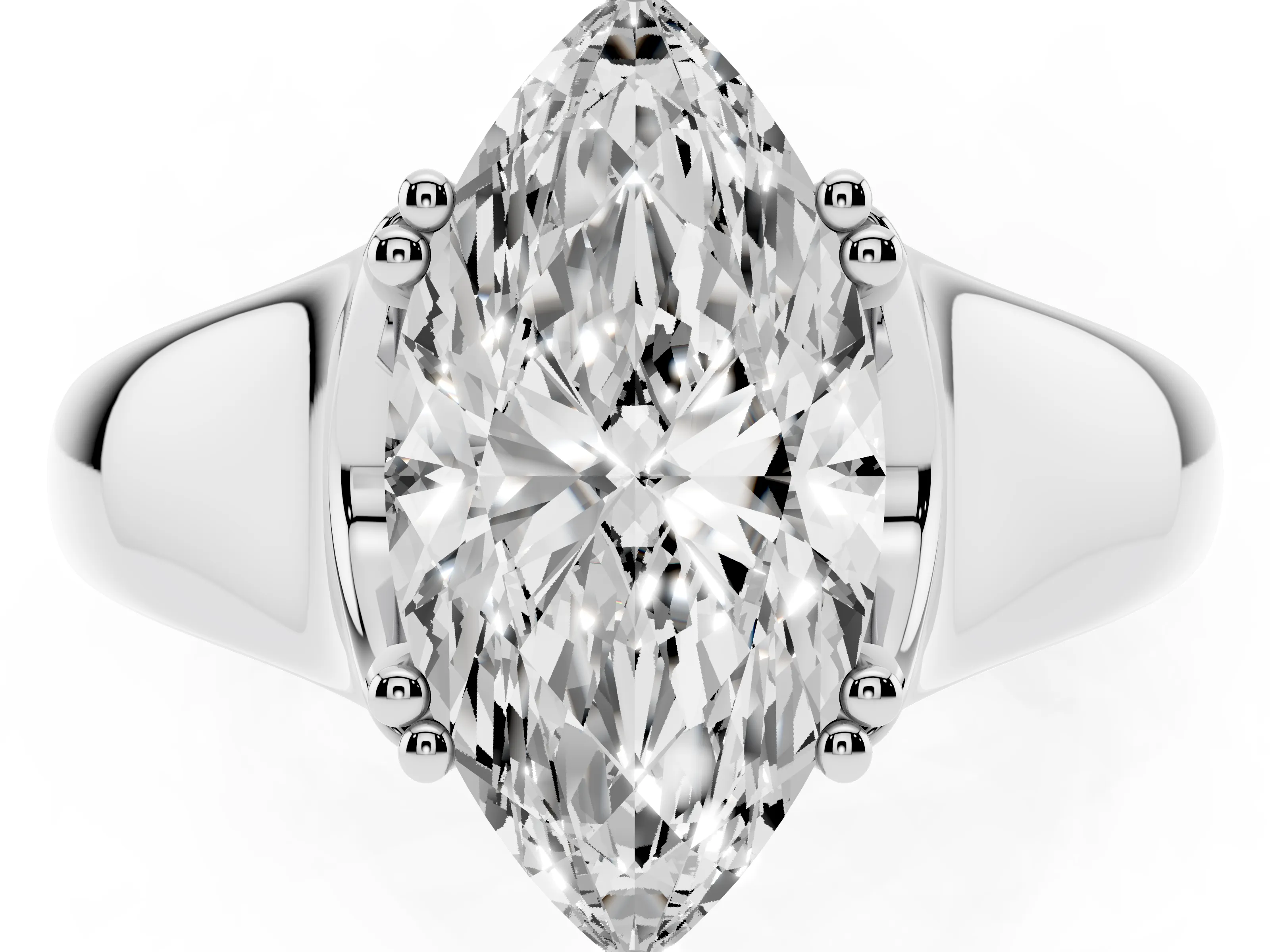 Marquise Cut Diamond Solitaire Ring Set in Platinum with Wide Band and Prong Setting