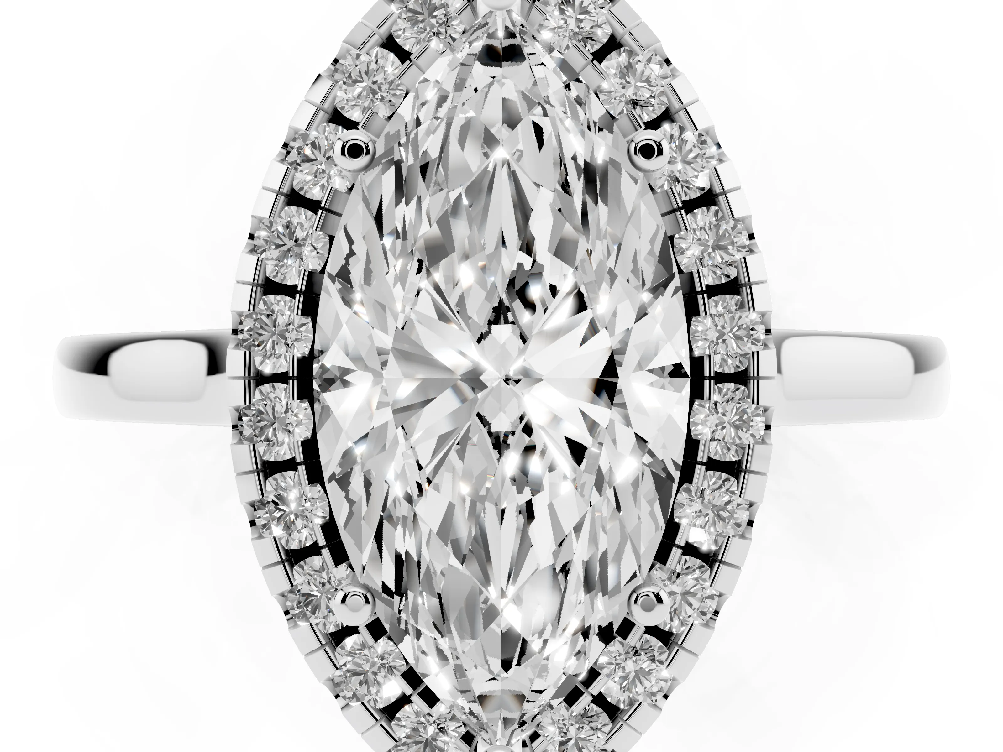 Marquise Cut Halo Round Diamond Solitaire Ring Set in White gold with Pavé Band and Prong Setting
