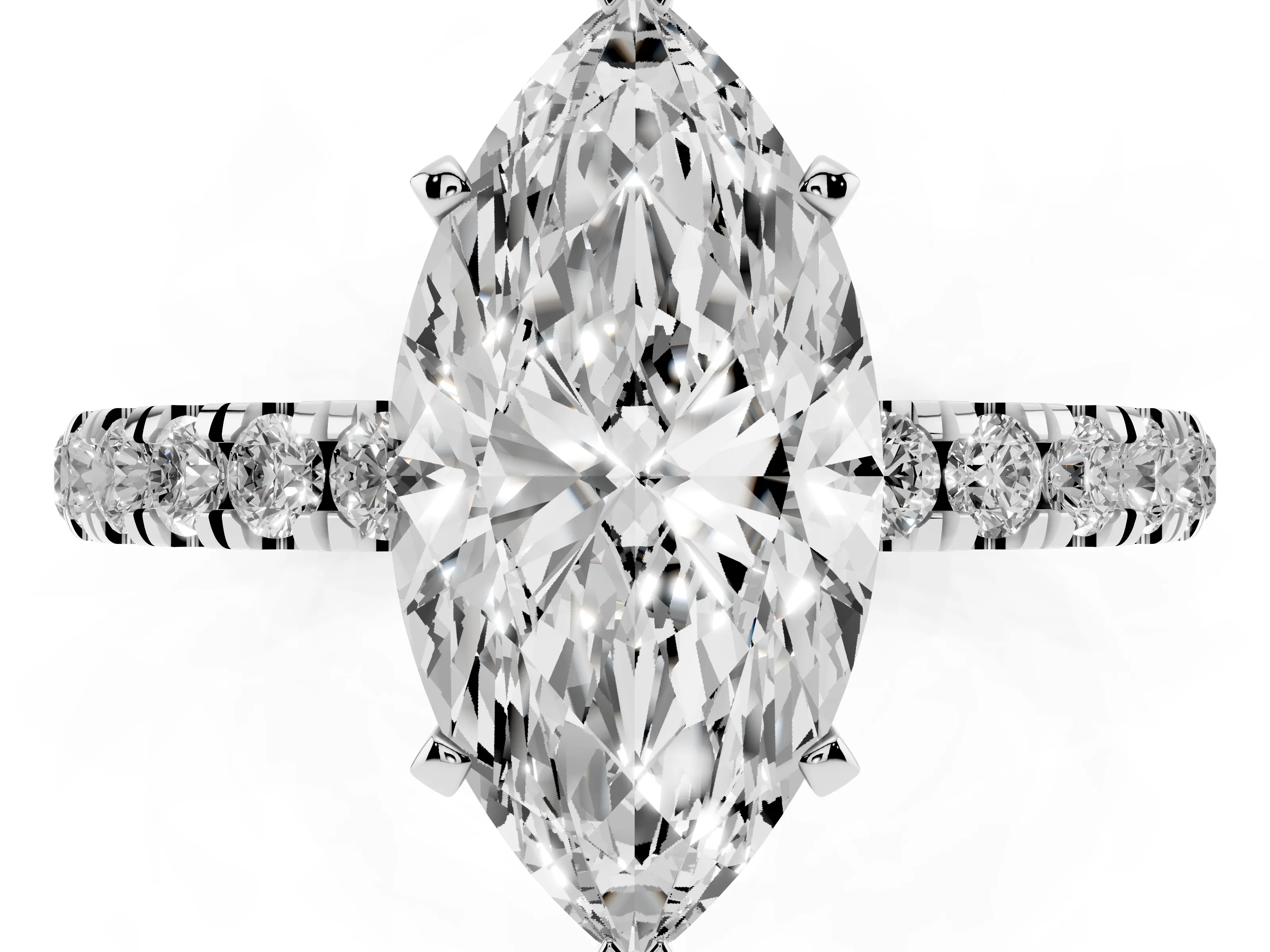 Marquise Cut Diamond Solitaire Ring Set in Silver with Pavé Accents and Prong Setting