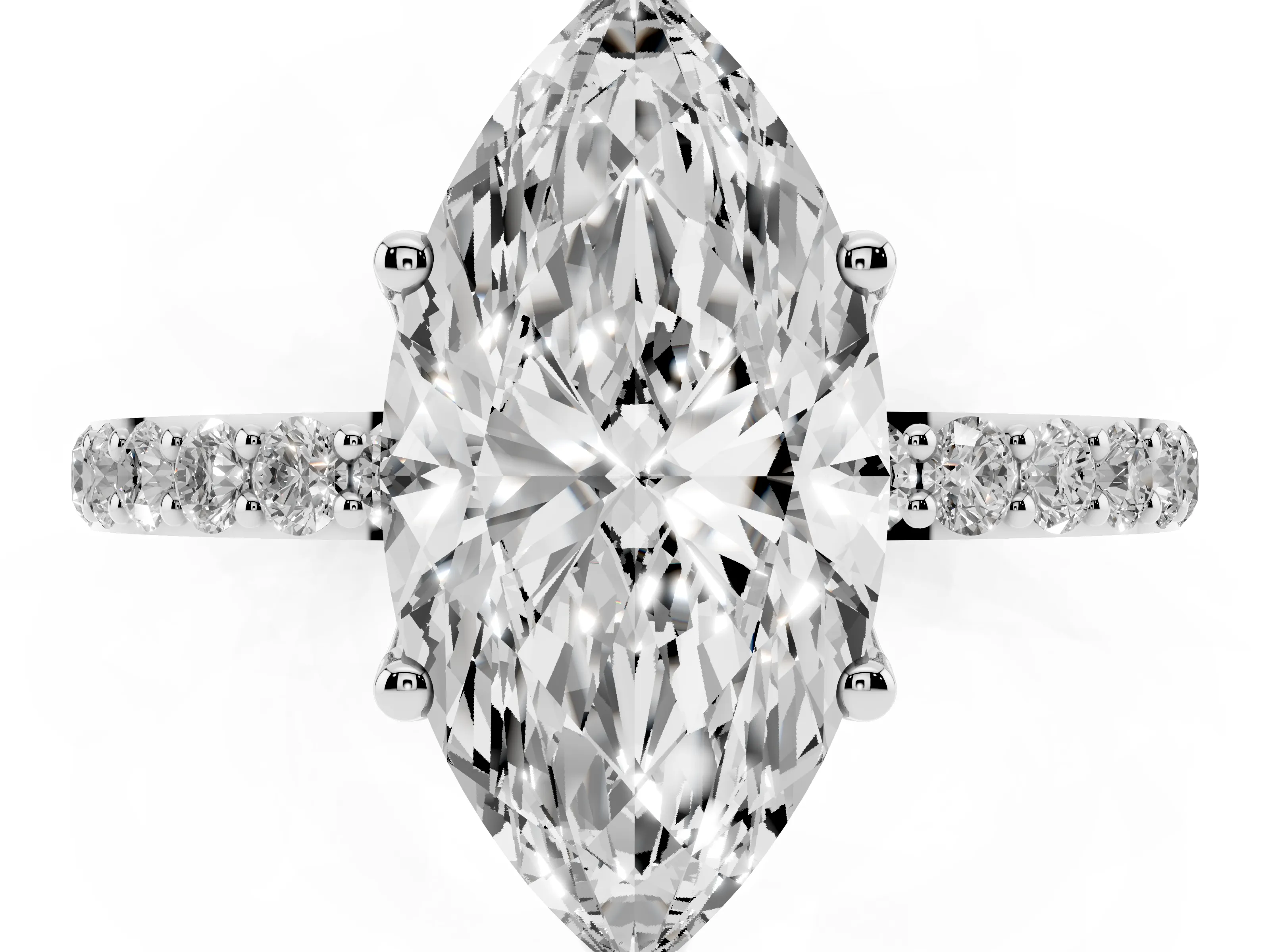 Marquise Cut Diamond Solitaire Engagement Ring Set in White gold with Round Pavé Band and Prong Setting