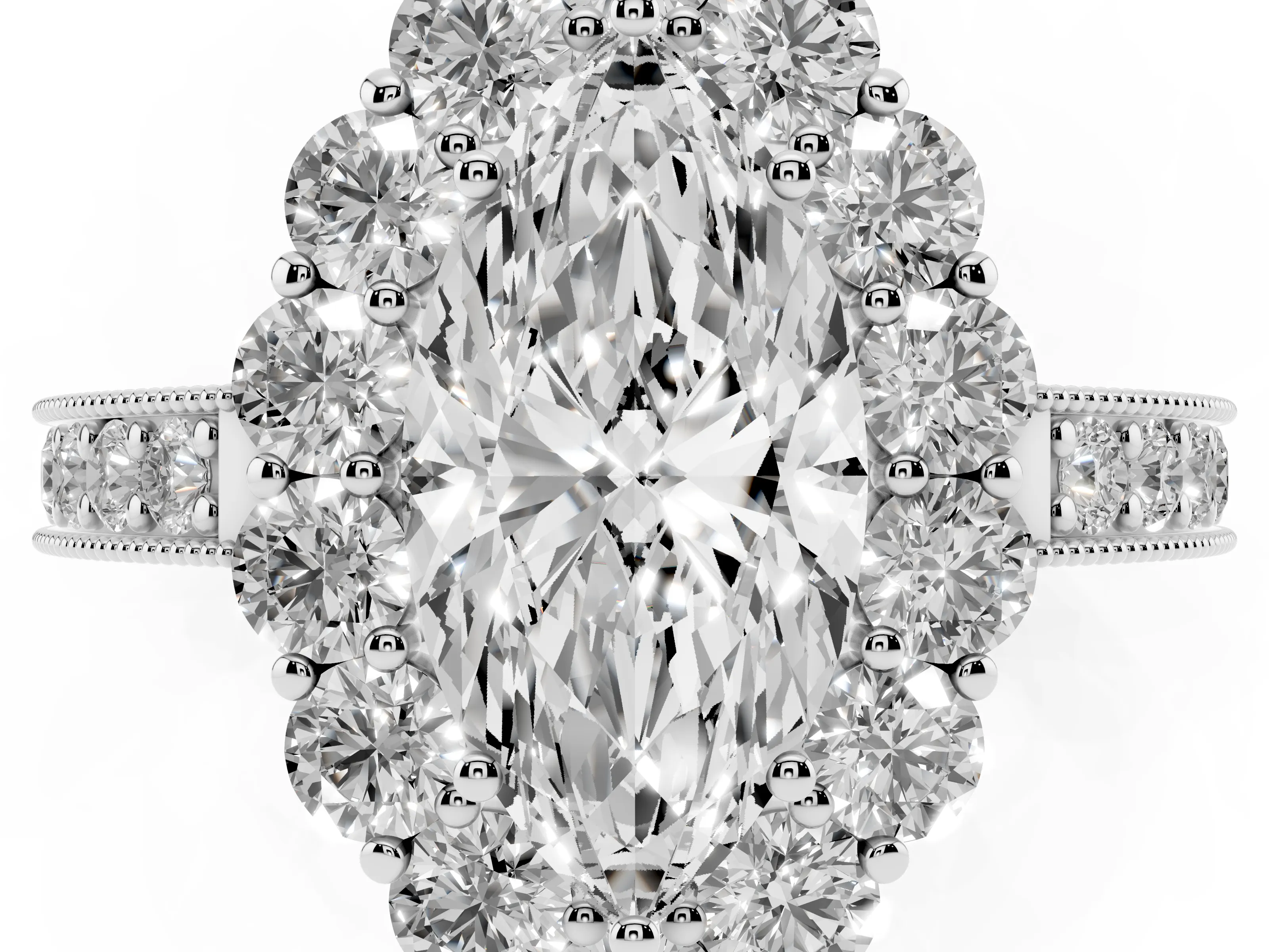 Marquise Cut Diamond Halo Pavé Engagement Ring Set in White gold with Milgrain Detailing