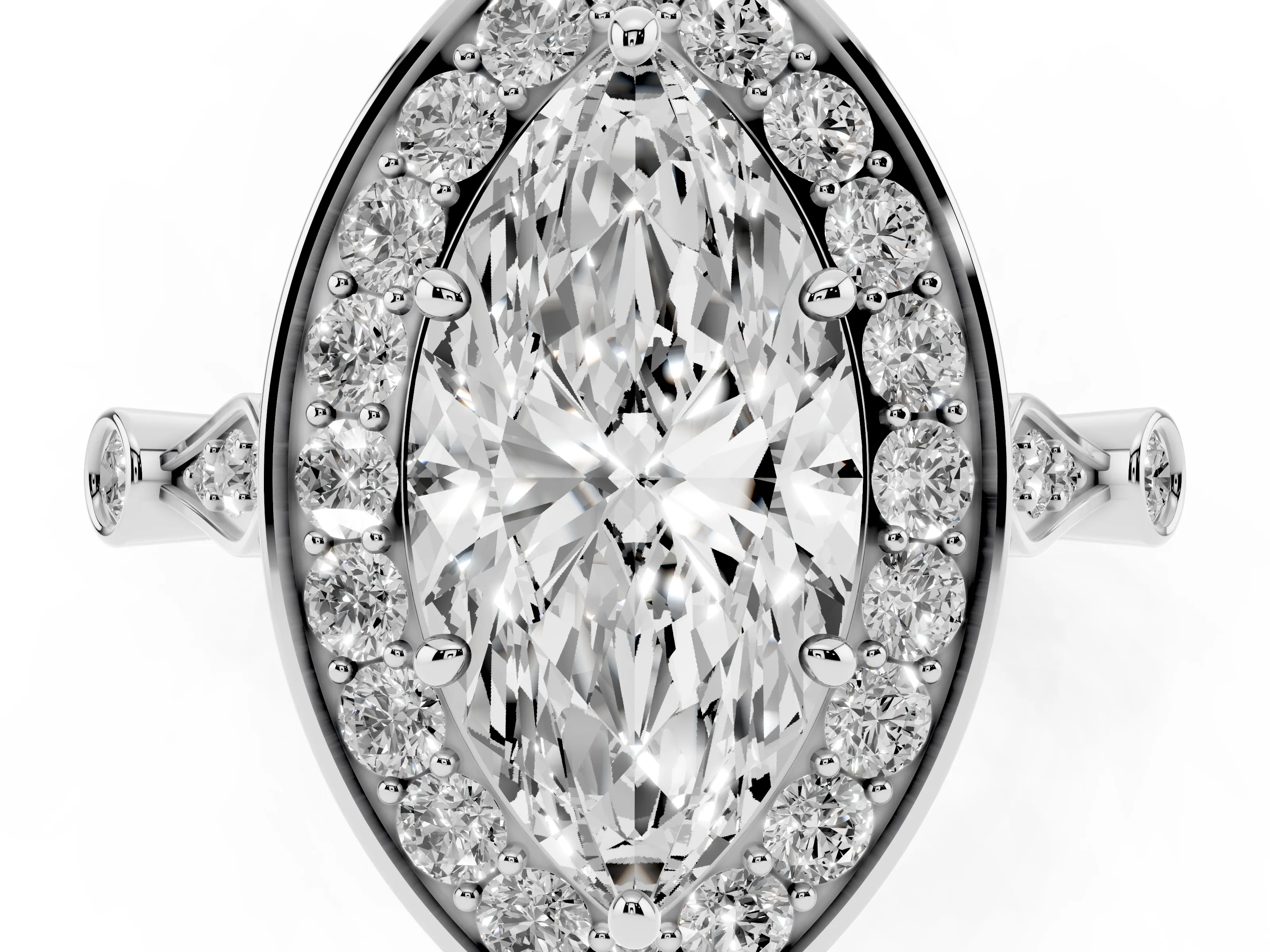 Marquise Cut Diamond Halo Engagement Ring Set in White gold with Twisted Band and Prong Setting
