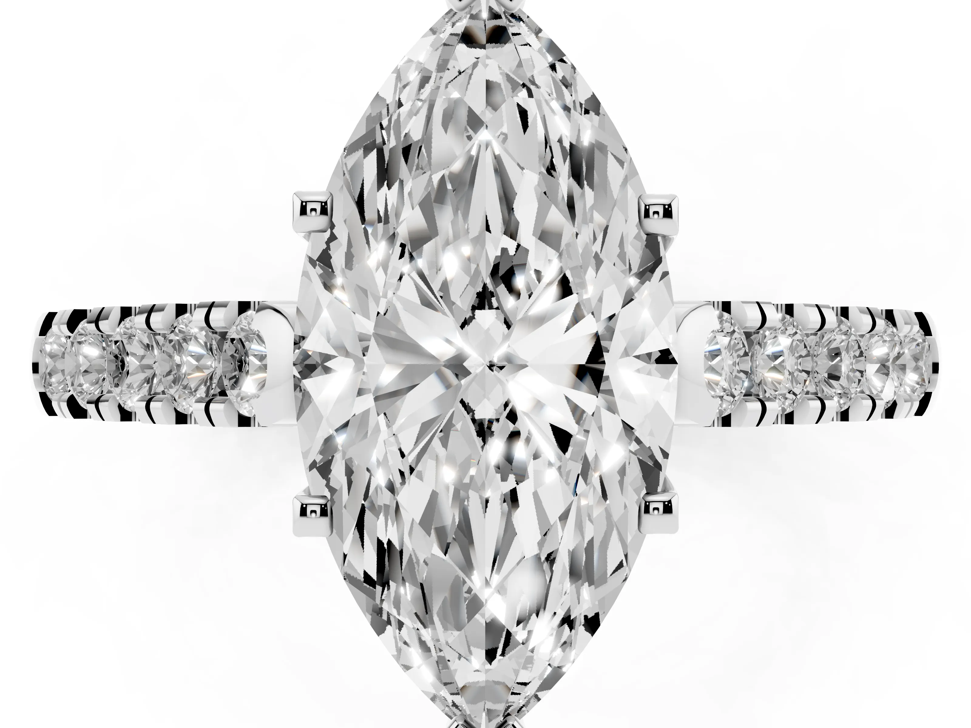 Marquise Cut Diamond Pavé Band Solitaire Ring Set in White gold with Partway Accent Stones and Prong Setting