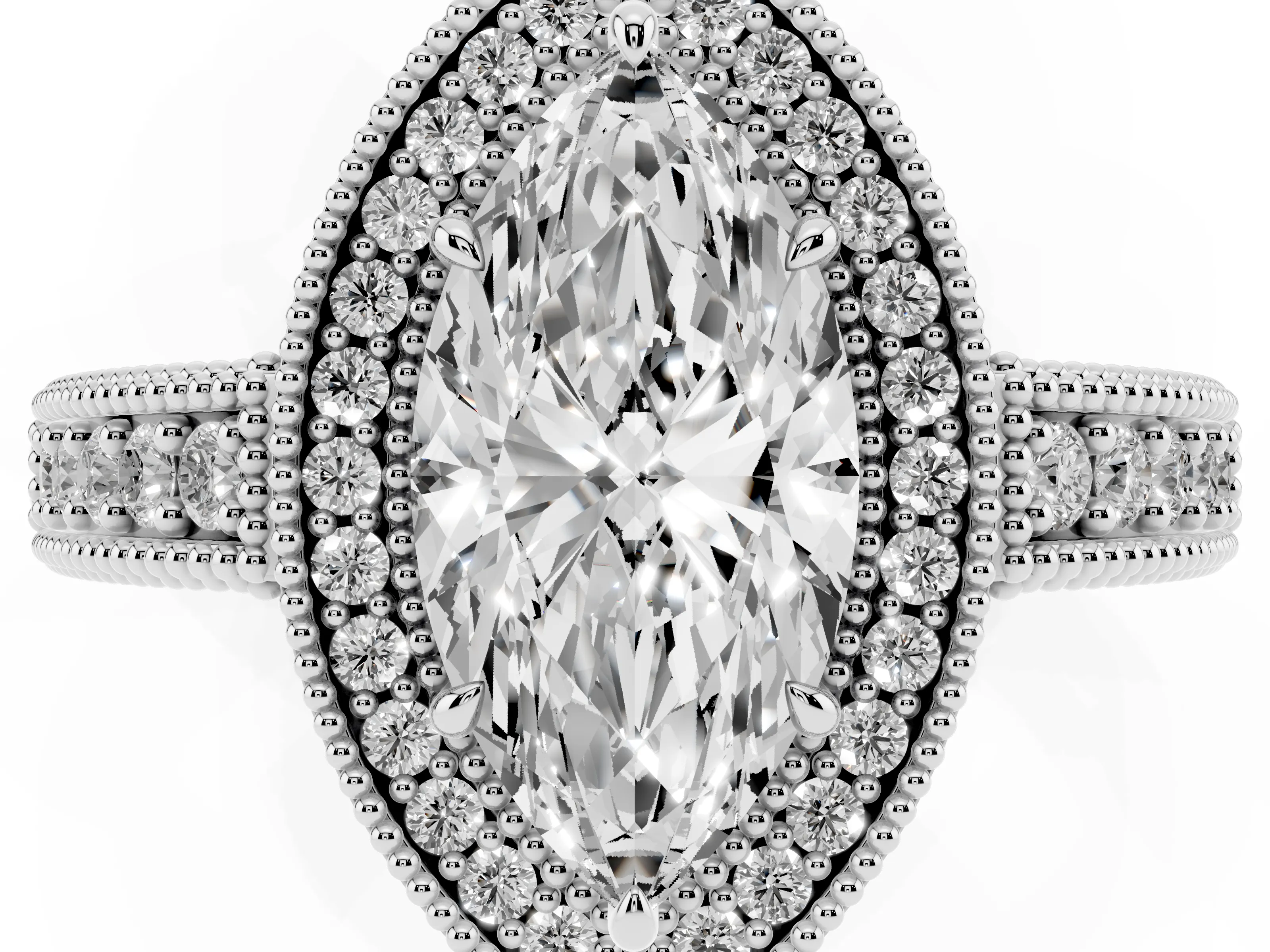 Marquise Cut Diamond Halo Ring Set in White gold with Round Accent Halo, Pavé Band and Prong Setting