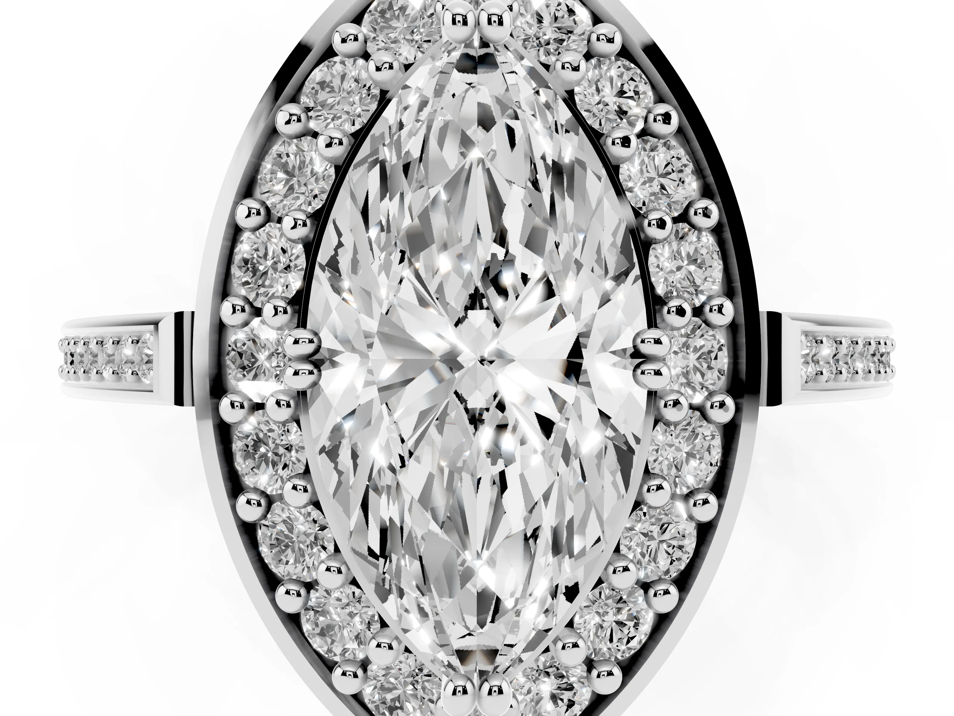 Marquise Cut Diamond Halo Ring Set in Silver with Accent-Lined Split Shank and Prong Setting
