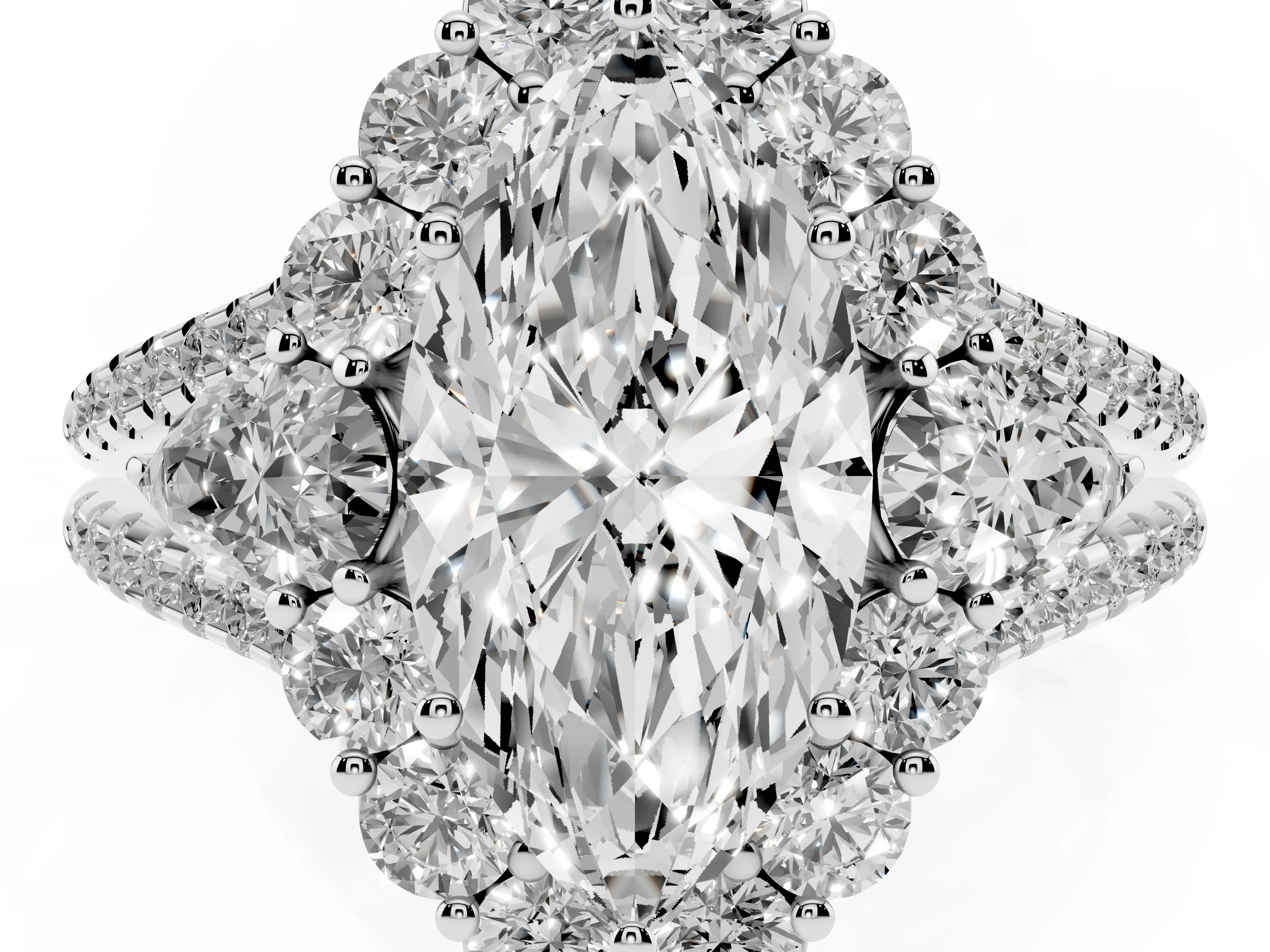 Marquise Cut Diamond Halo Split Shank Engagement Ring Set in White gold with Prong-Held Center Stone