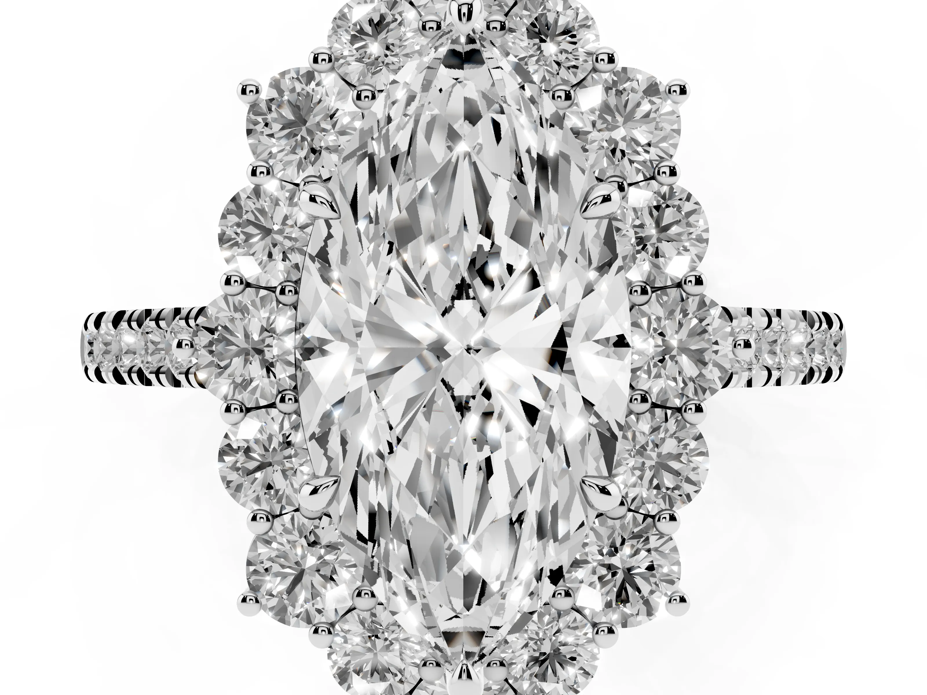 Marquise Cut Diamond Halo Ring Set in Silver with Pavé Band and Prong Setting