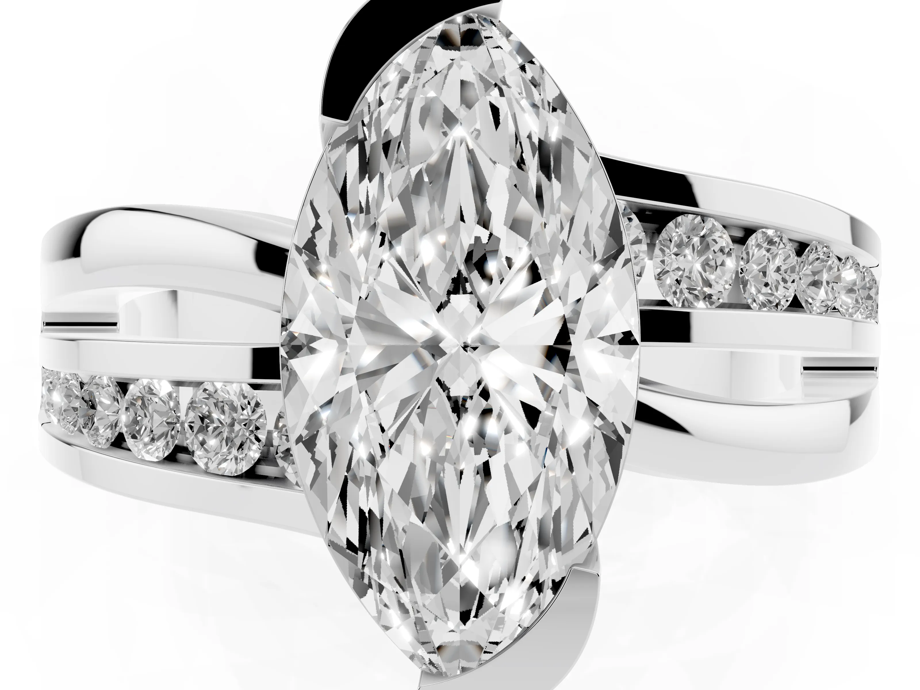 Marquise Cut Diamond Solitaire Ring Set in Platinum with Channel Set Split Shank and Tension Prongs