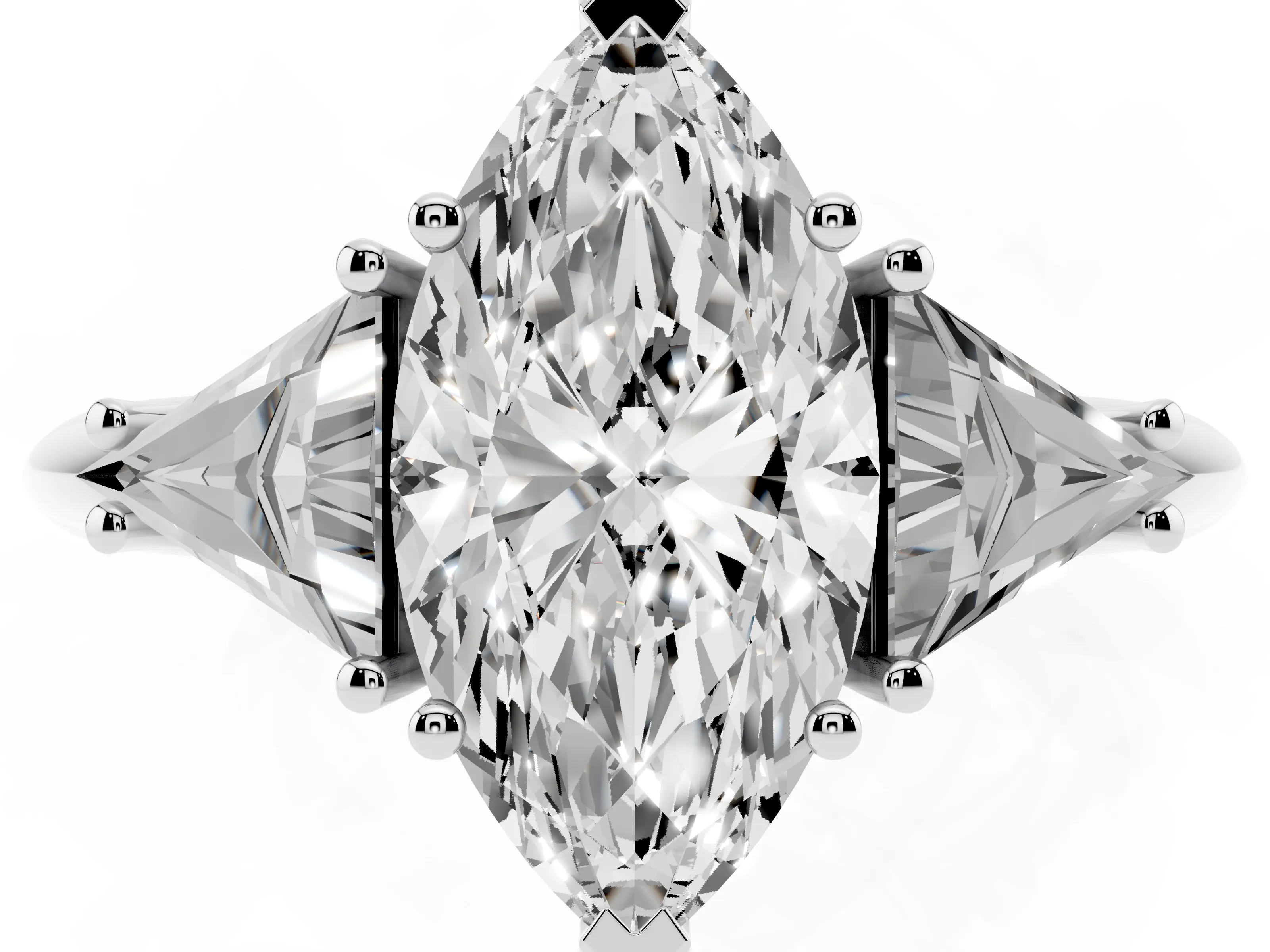Marquise Cut Diamond Three-Stone Engagement Ring Set in White gold with Trillion Side Stones