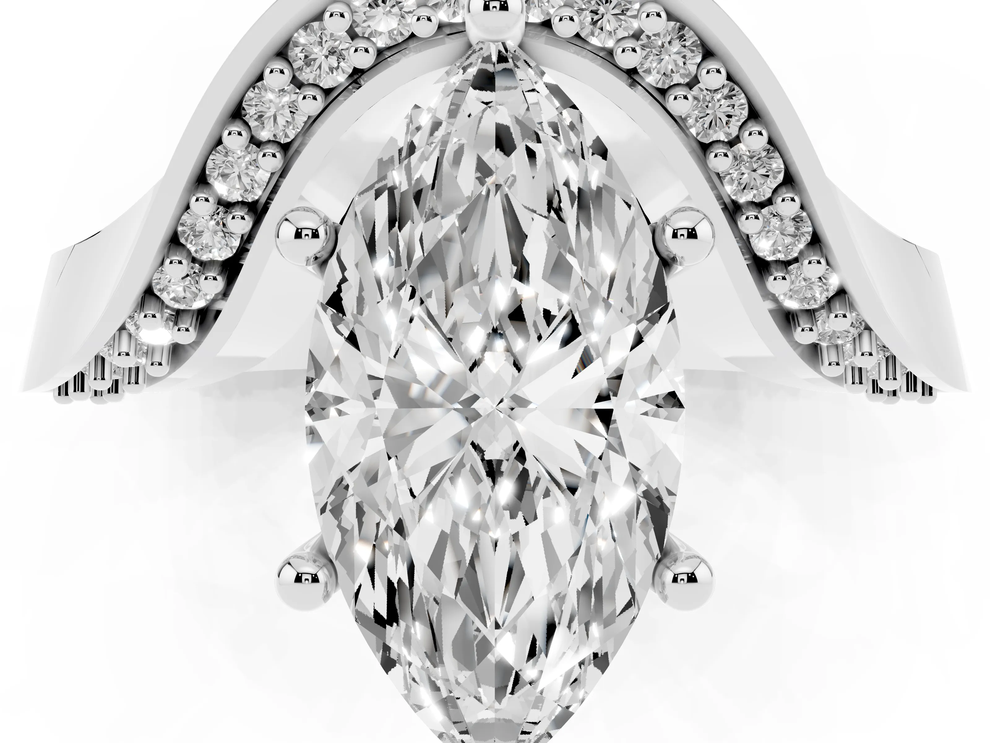 Marquise Cut Diamond Solitaire Engagement Ring Set in Silver with Pavé Shoulders