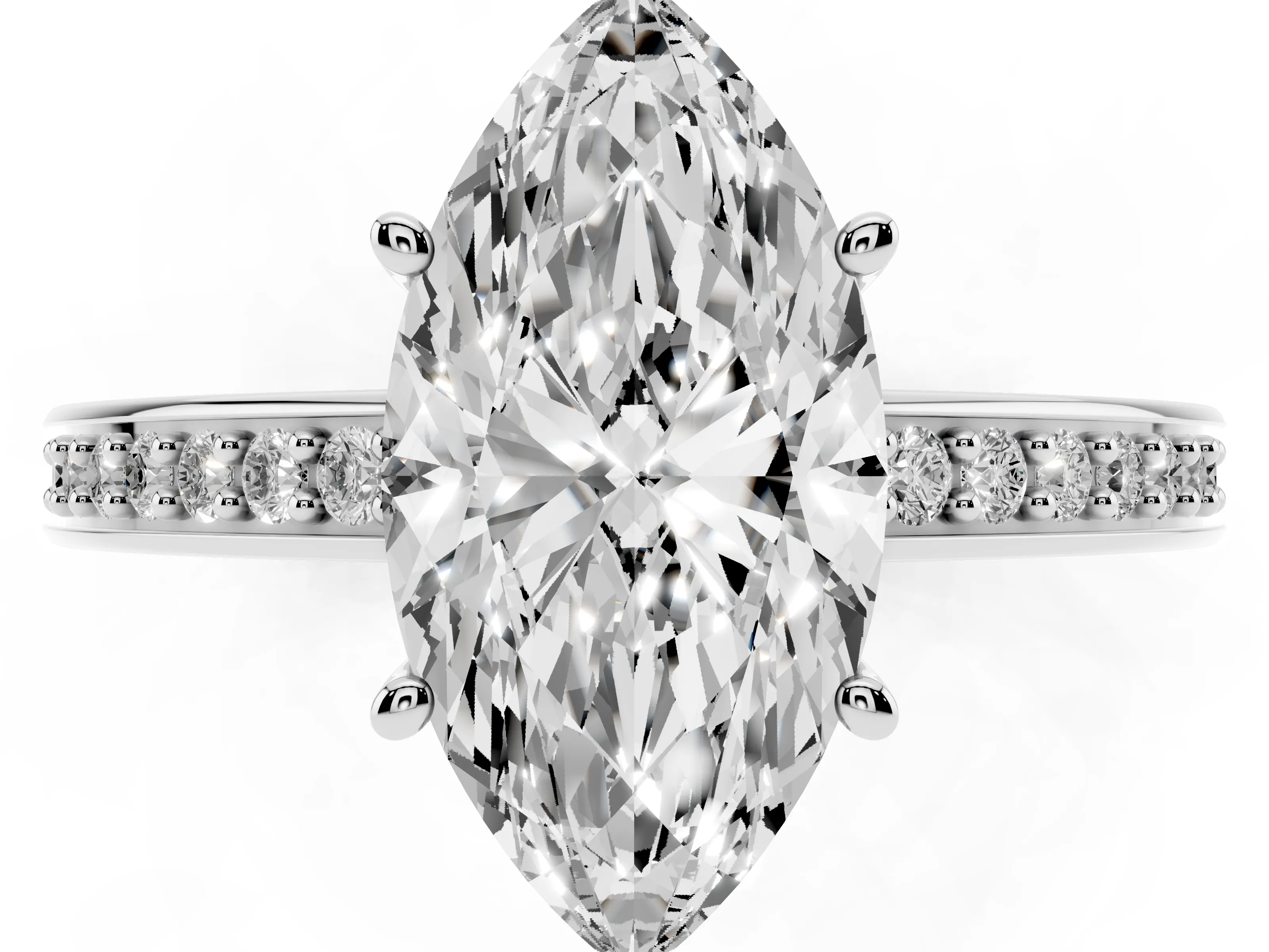 Marquise Cut Diamond Pavé Band Prong Set Solitaire Ring Set in White gold