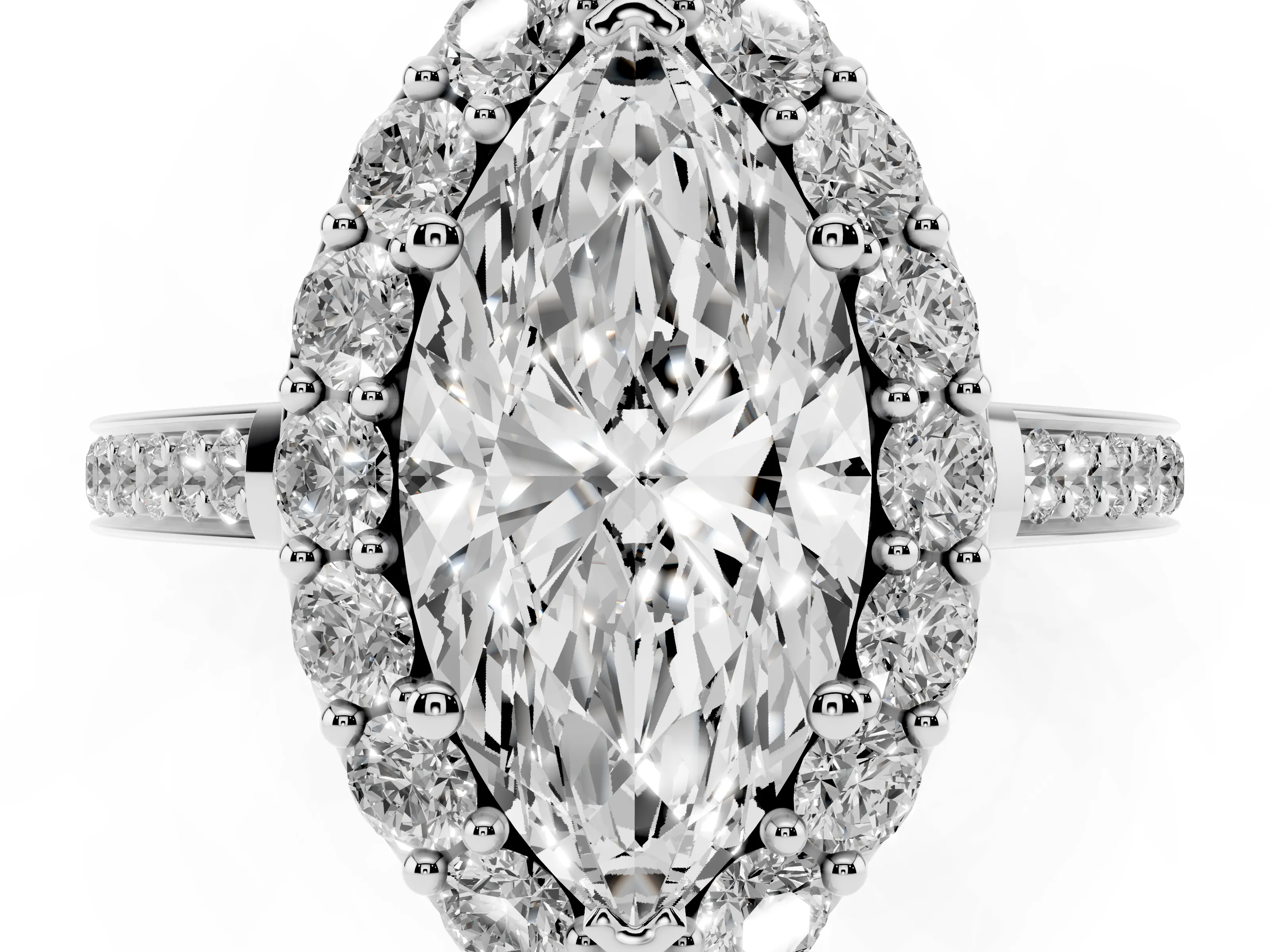 Marquise Cut Diamond Floral Halo Ring Set in Silver with Pavé Band and Prong Setting