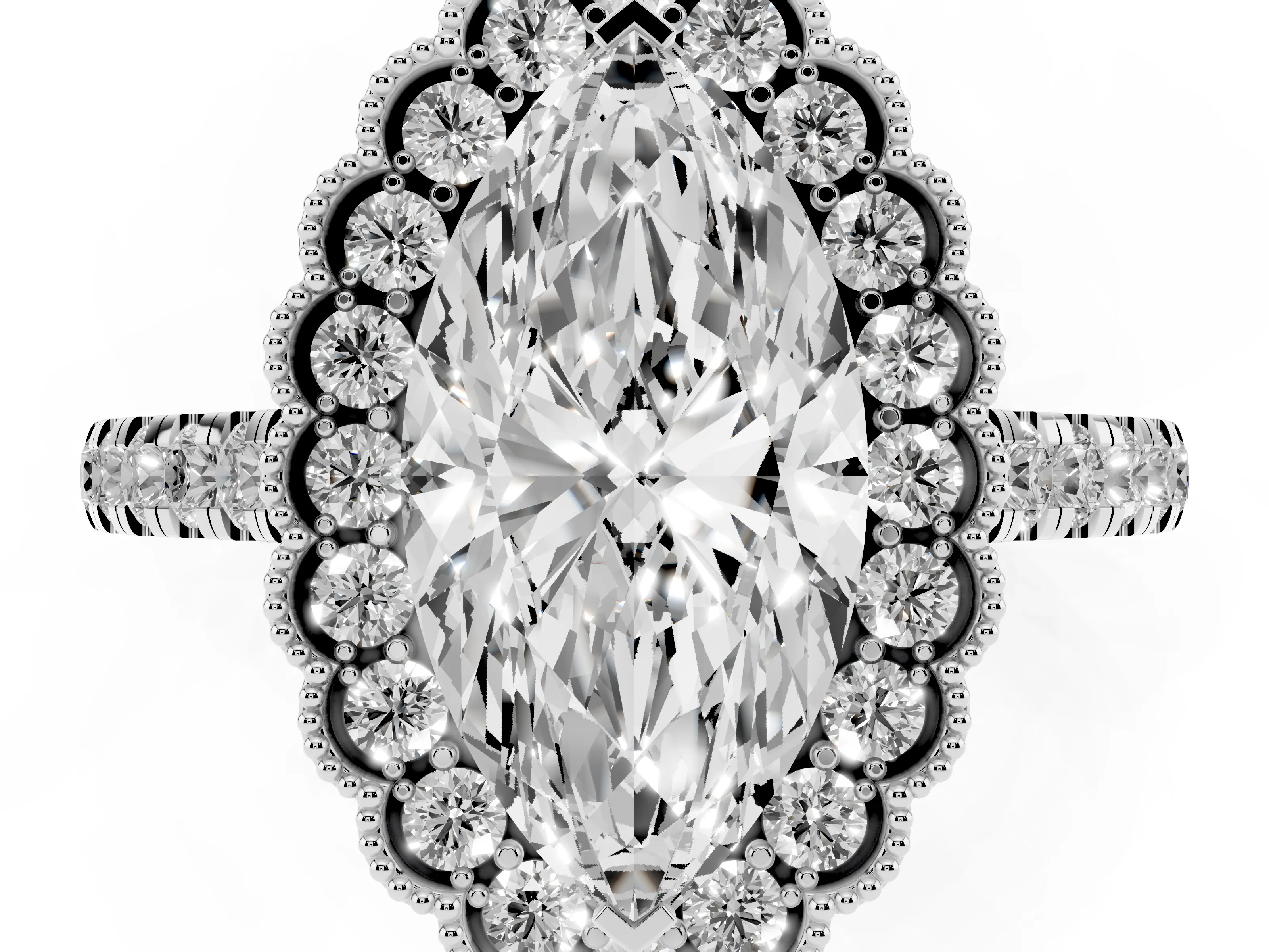 Marquise Cut Diamond Milgrain Floral Halo Engagement Ring Set in Silver with Pavé Band
