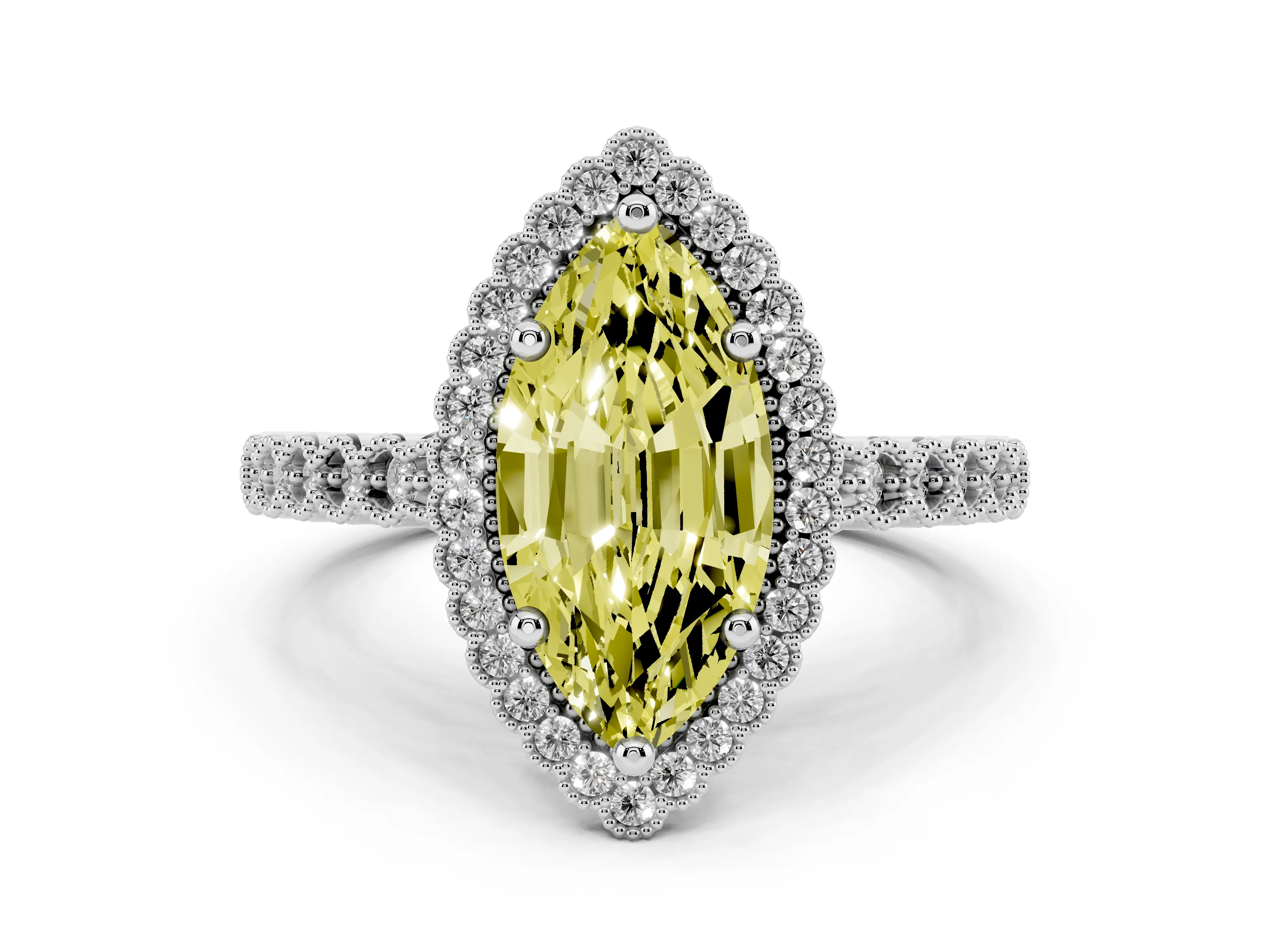 Fancy Yellow Marquise Cut Diamond Halo Ring Set in Silver with Pavé Milgrain Band