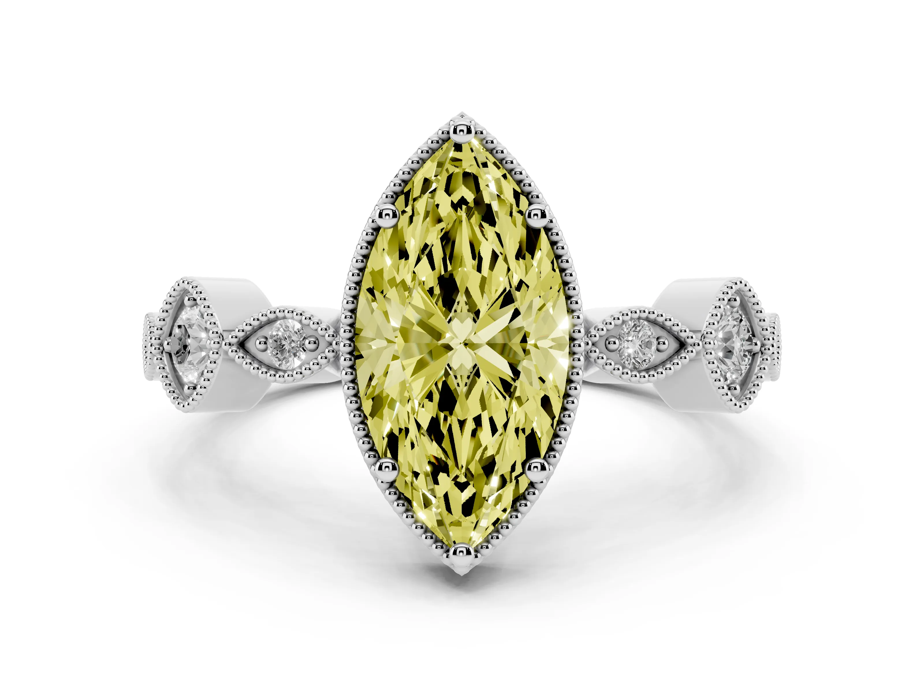 Fancy Yellow Marquise Cut Diamond Vintage-Inspired Milgrain Ring Set in White gold with Marquise Stations of Round Accents
