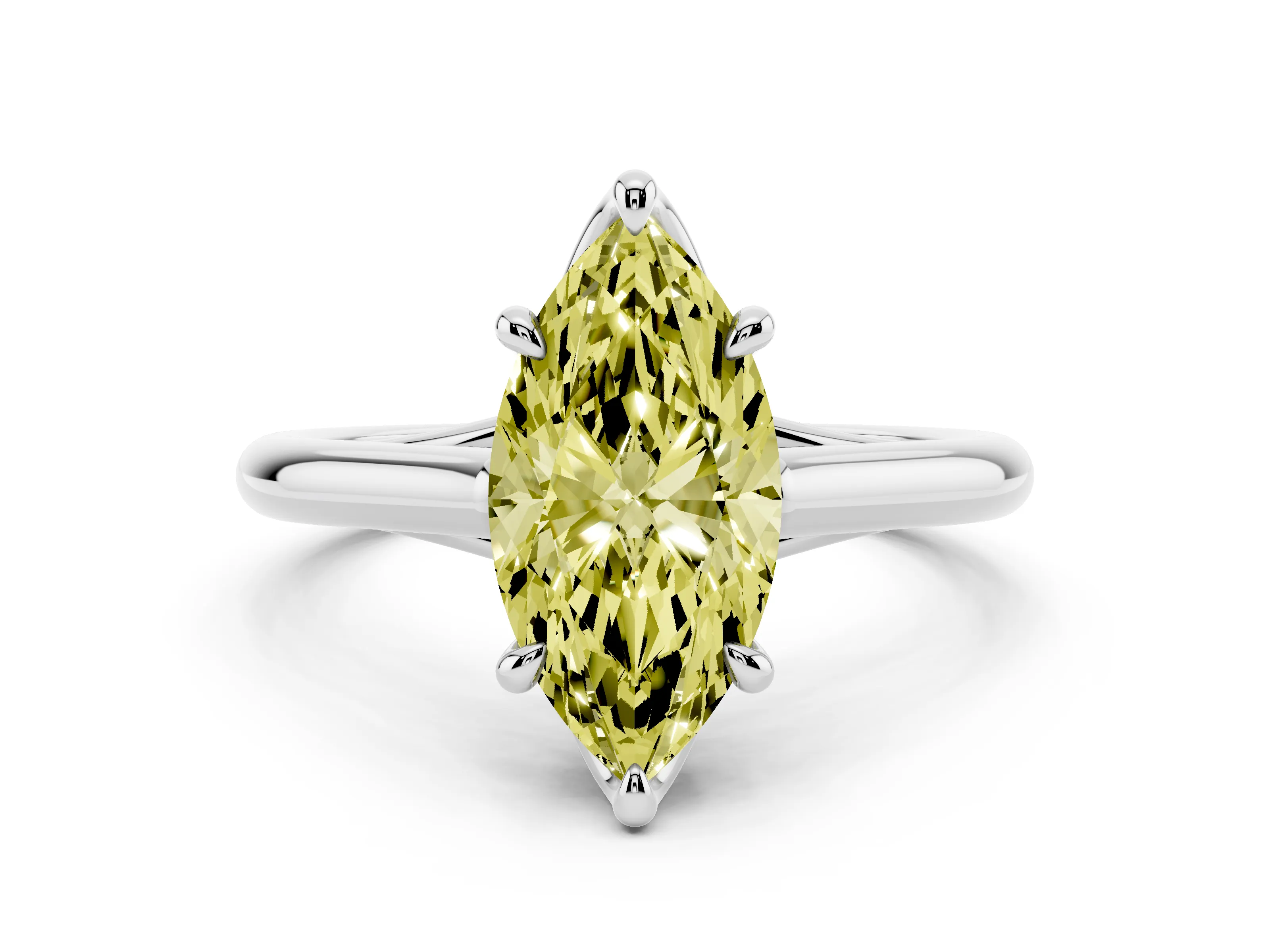 Fancy Yellow Marquise Cut Diamond Solitaire Engagement Ring Set in Platinum with Prong Setting and Plain Classic Band