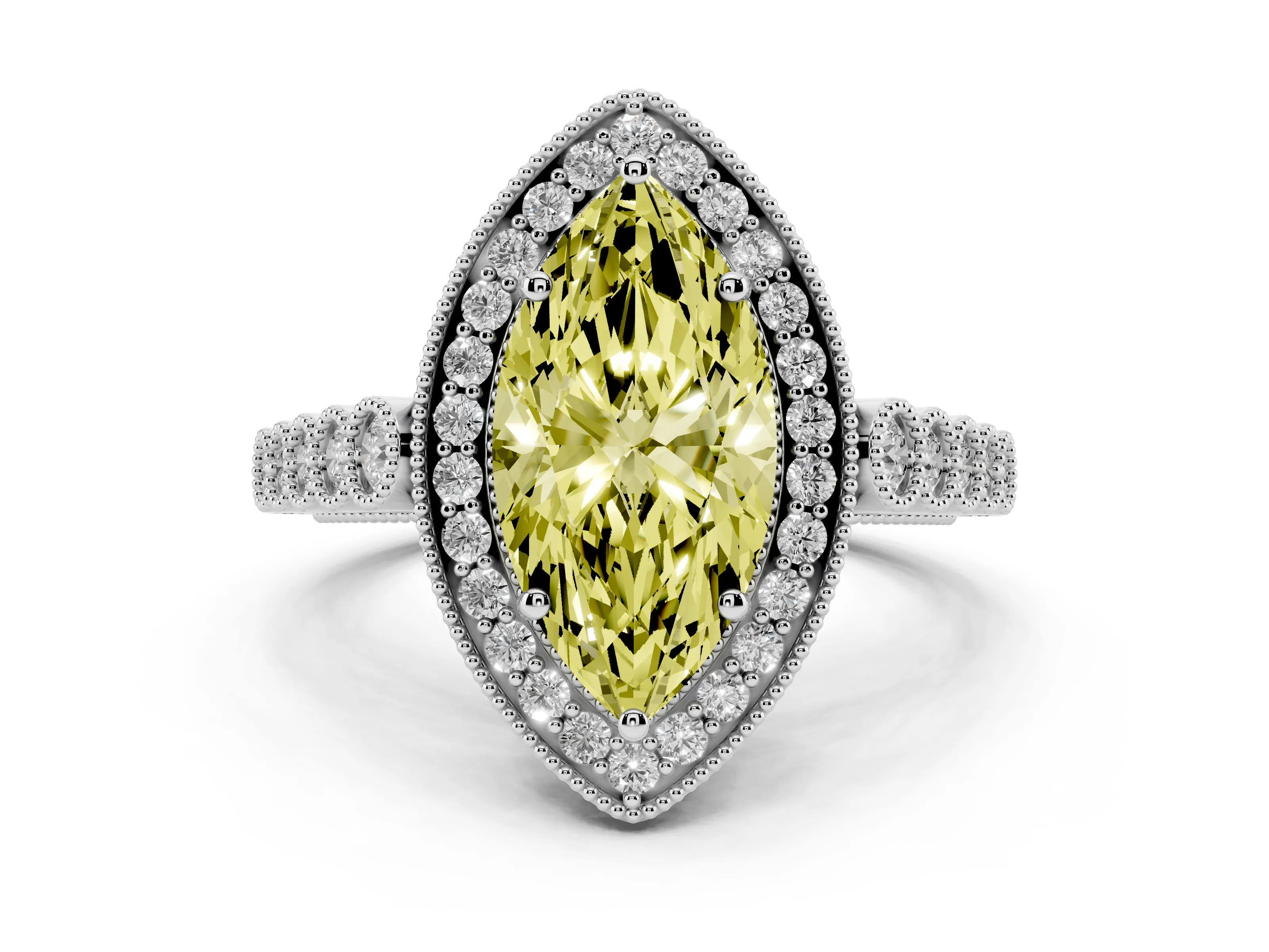 Fancy Yellow Marquise Cut Diamond Milgrain Halo Solitaire Ring Set in Platinum with Bezel Set Side Stones and Pavé Band