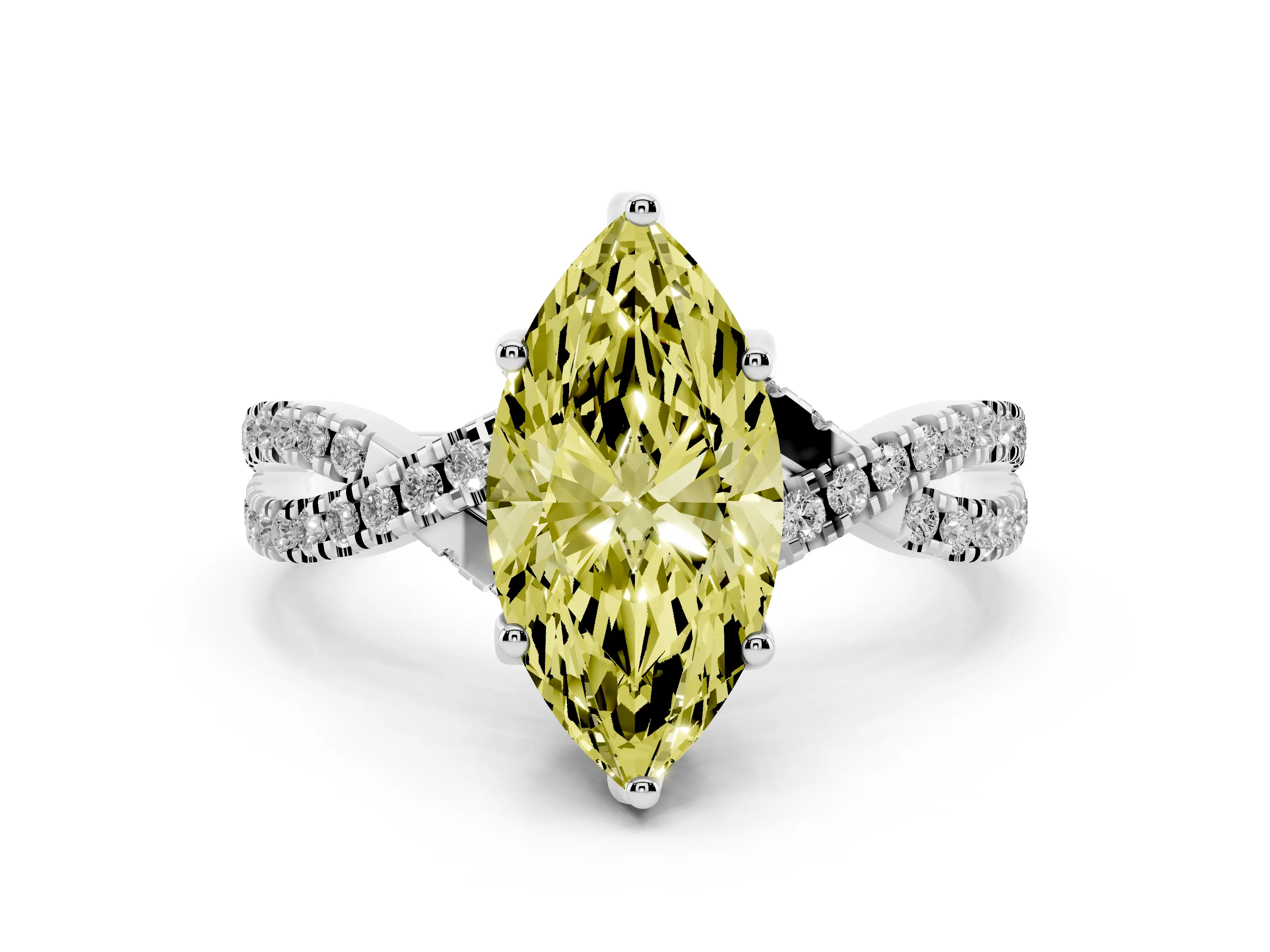 Fancy Yellow Marquise Cut Diamond Twist Pavé Solitaire Engagement Ring Set in White gold with Prong Setting