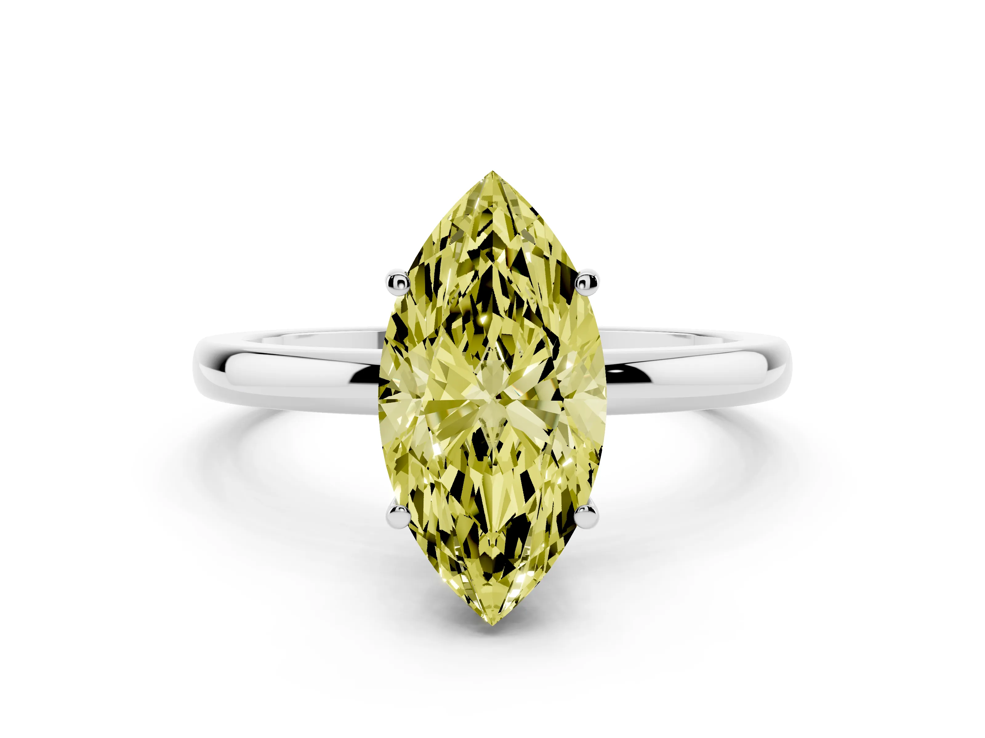 Fancy Yellow Marquise Cut Diamond Solitaire Ring Set in Silver with Plain Band and Prong Setting