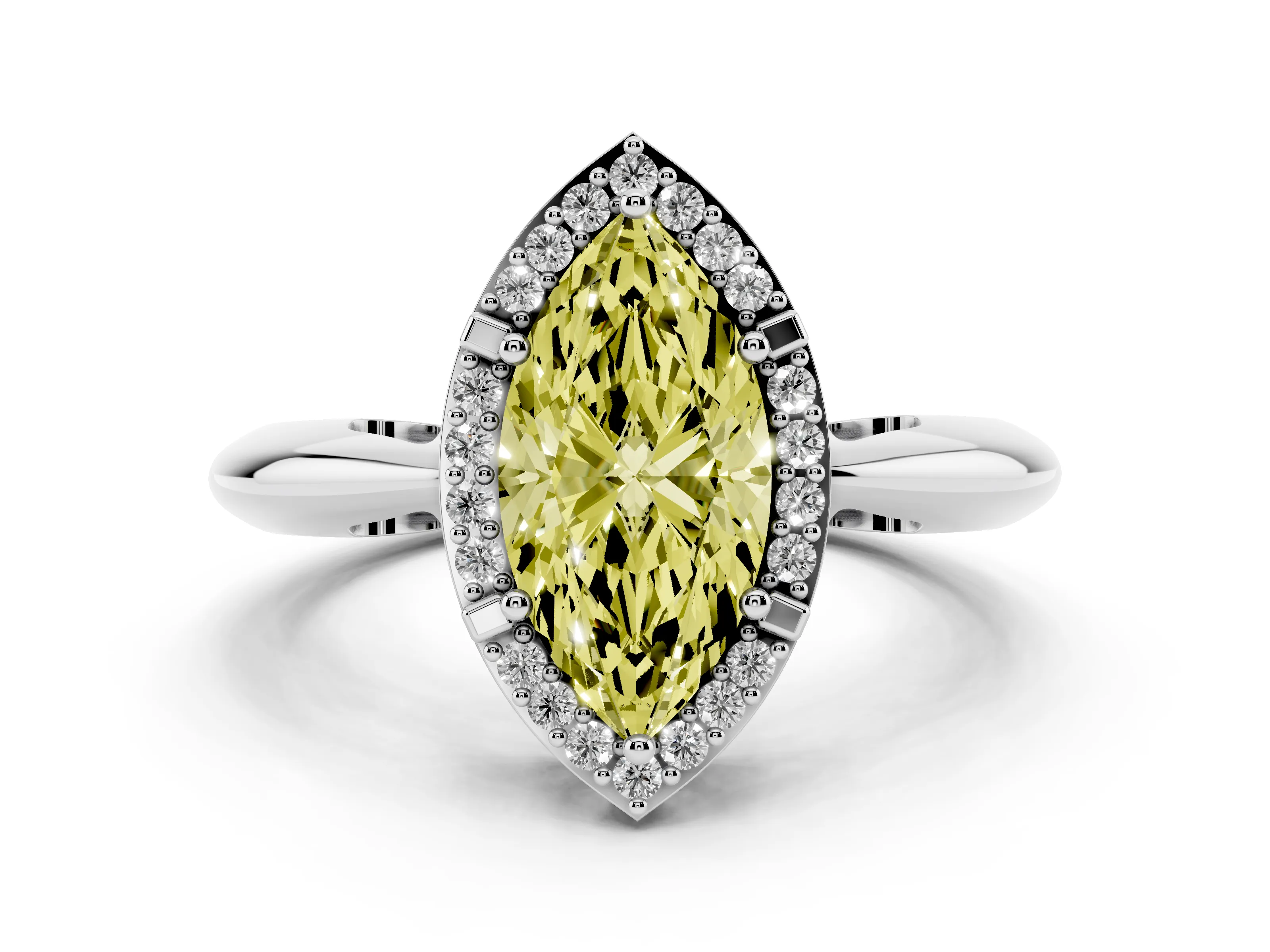 Fancy Yellow Marquise Cut Diamond Halo Engagement Ring Set in Platinum with Plain Split Shank and Prong Setting