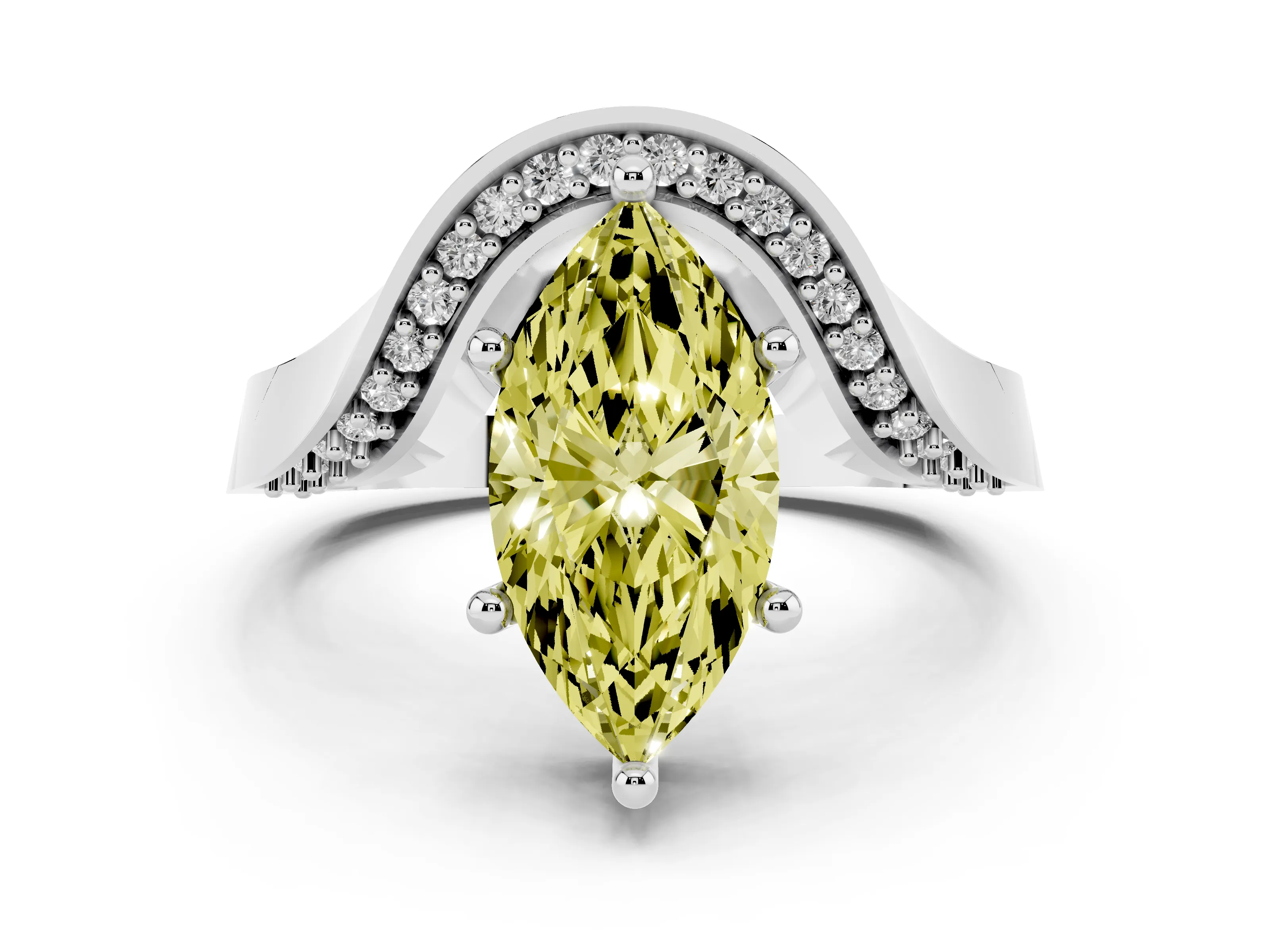 Fancy Yellow Marquise Cut Diamond Solitaire Engagement Ring Set in Silver with Pavé Shoulders