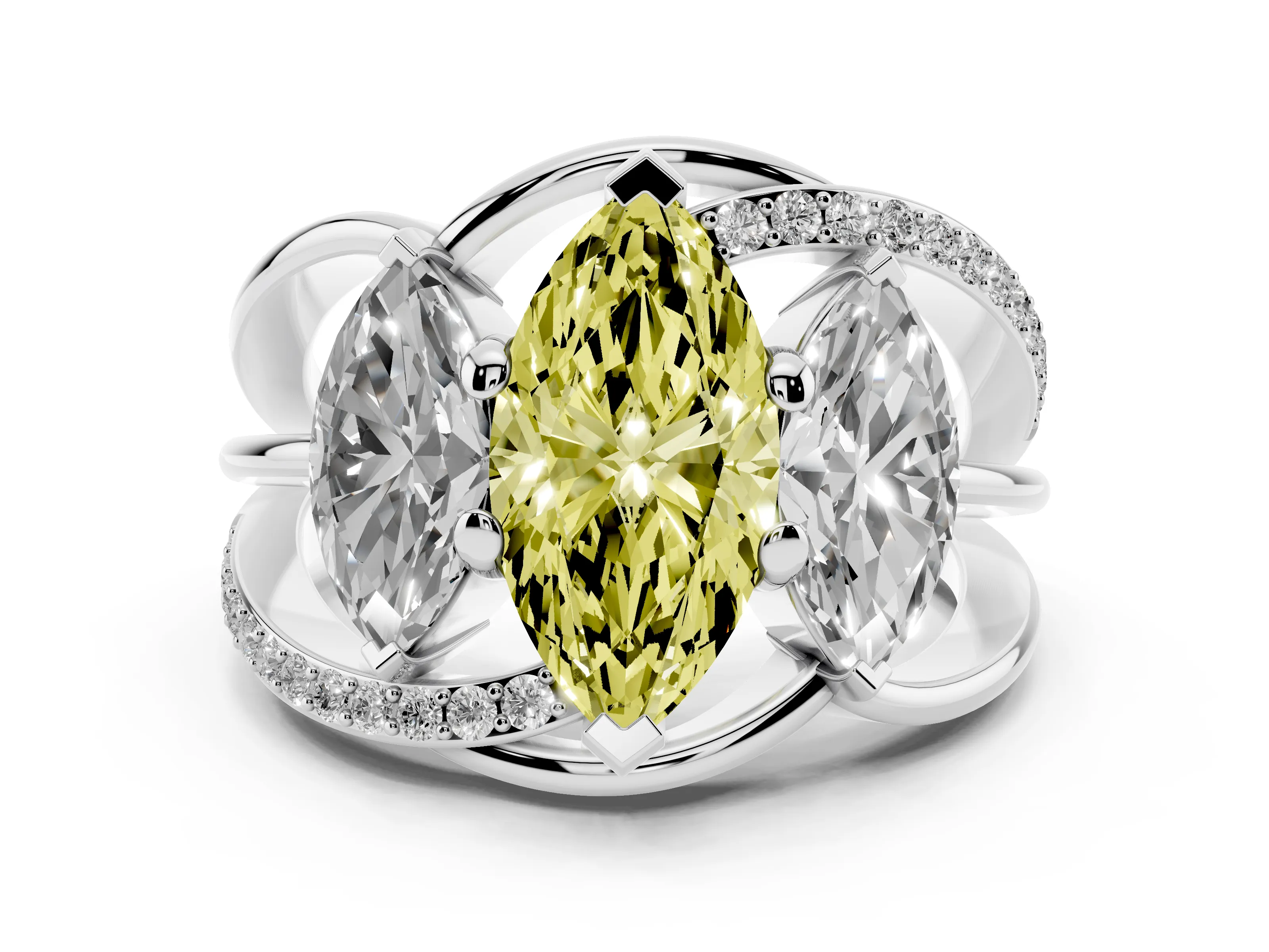 Fancy Yellow Marquise Cut Diamond Three-Stone Ring Set in Platinum with Split Shank and Prong Setting