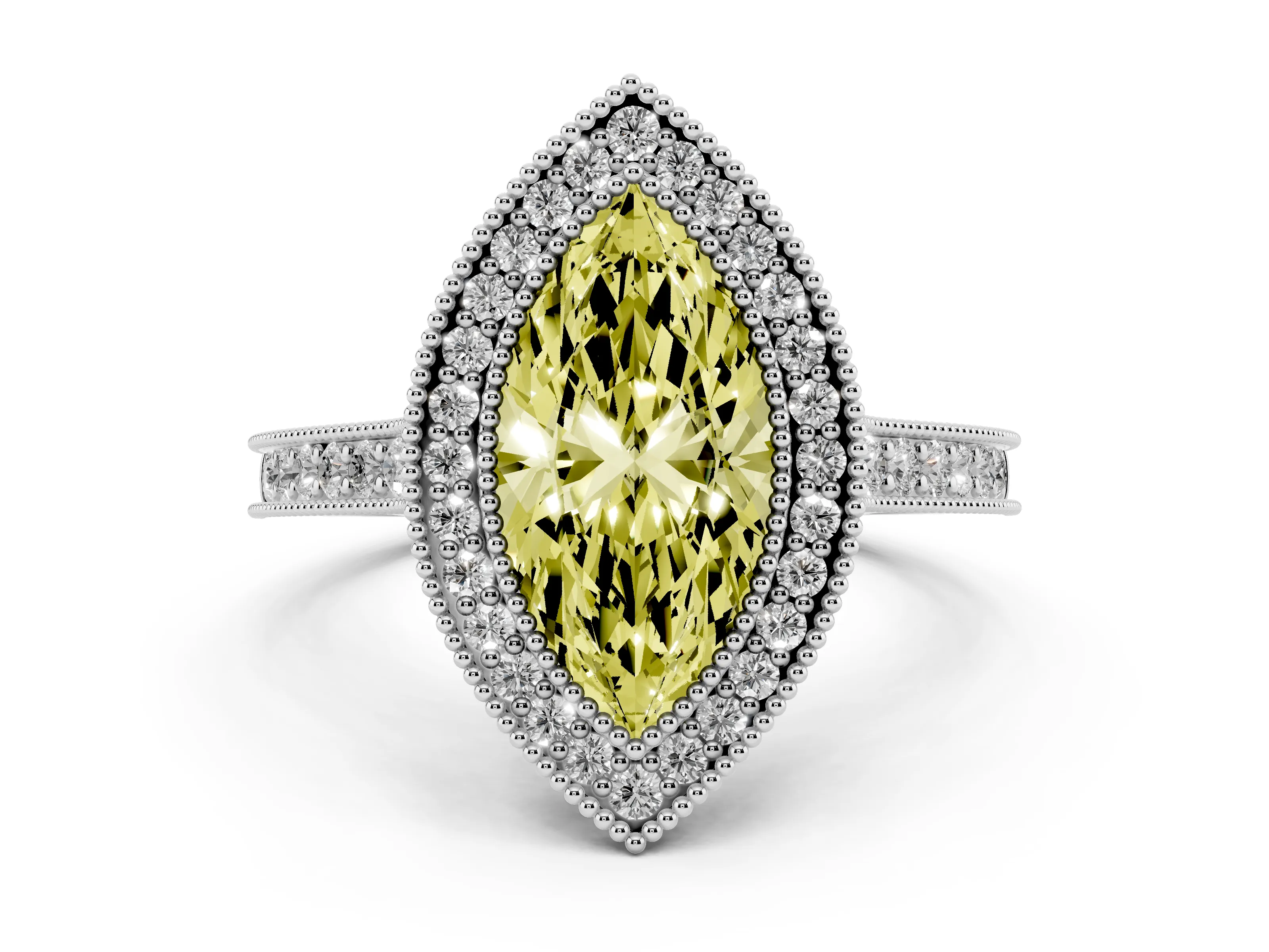 Fancy Yellow Marquise Cut Diamond Halo Milgrain Pavé Band Ring Set in Platinum with Prong Setting