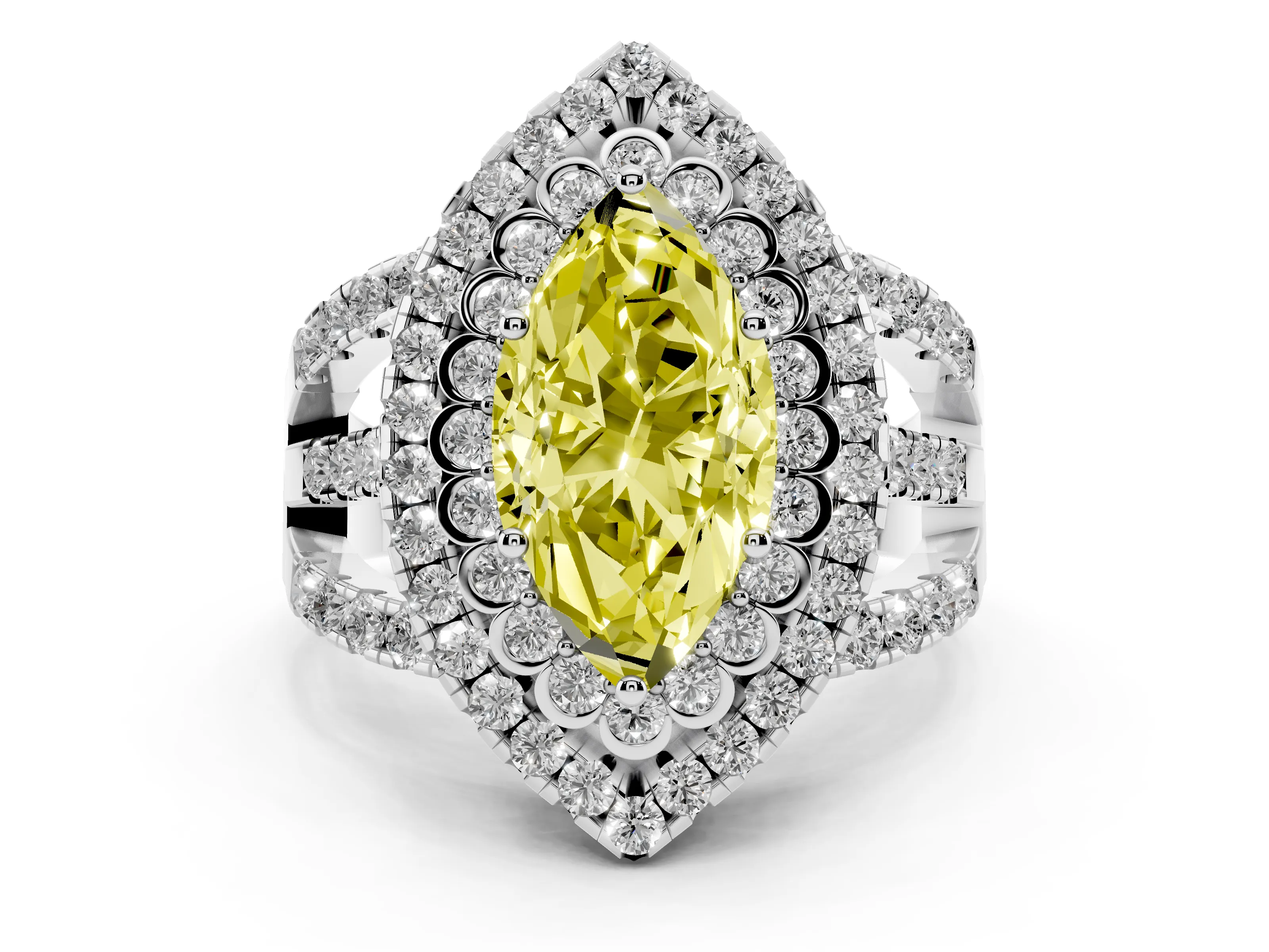 Fancy Yellow Marquise Cut Diamond Double Halo Ring Set in White gold with Round Pavé Split Shank