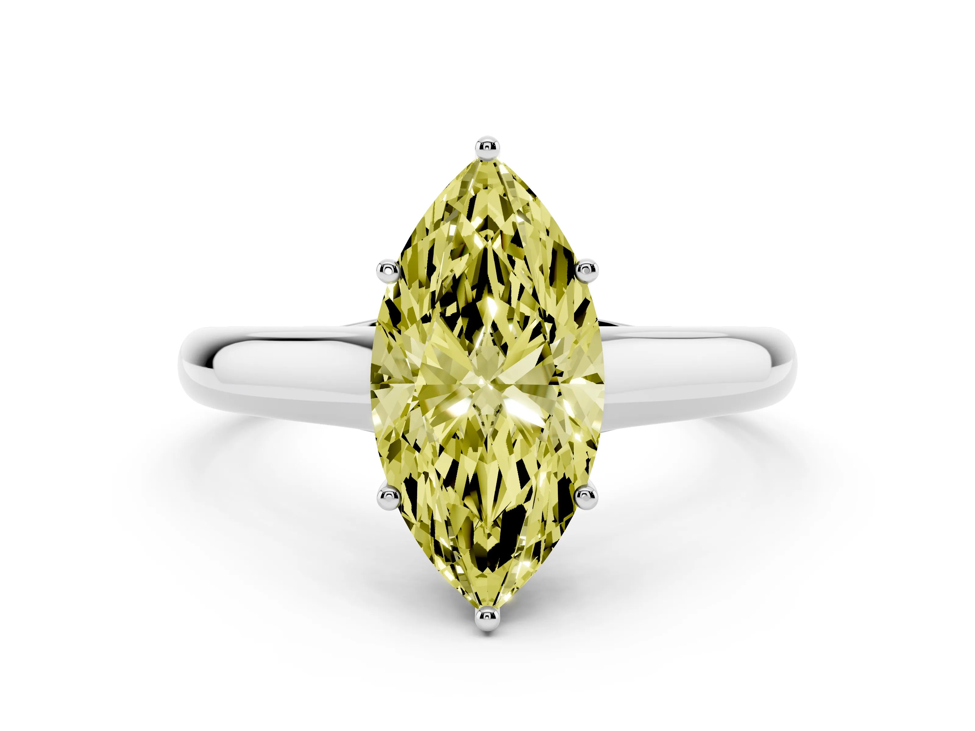 Fancy Yellow Marquise Cut Diamond Solitaire Engagement Ring Set in White gold with Subtly Tapered Band and Prong Setting