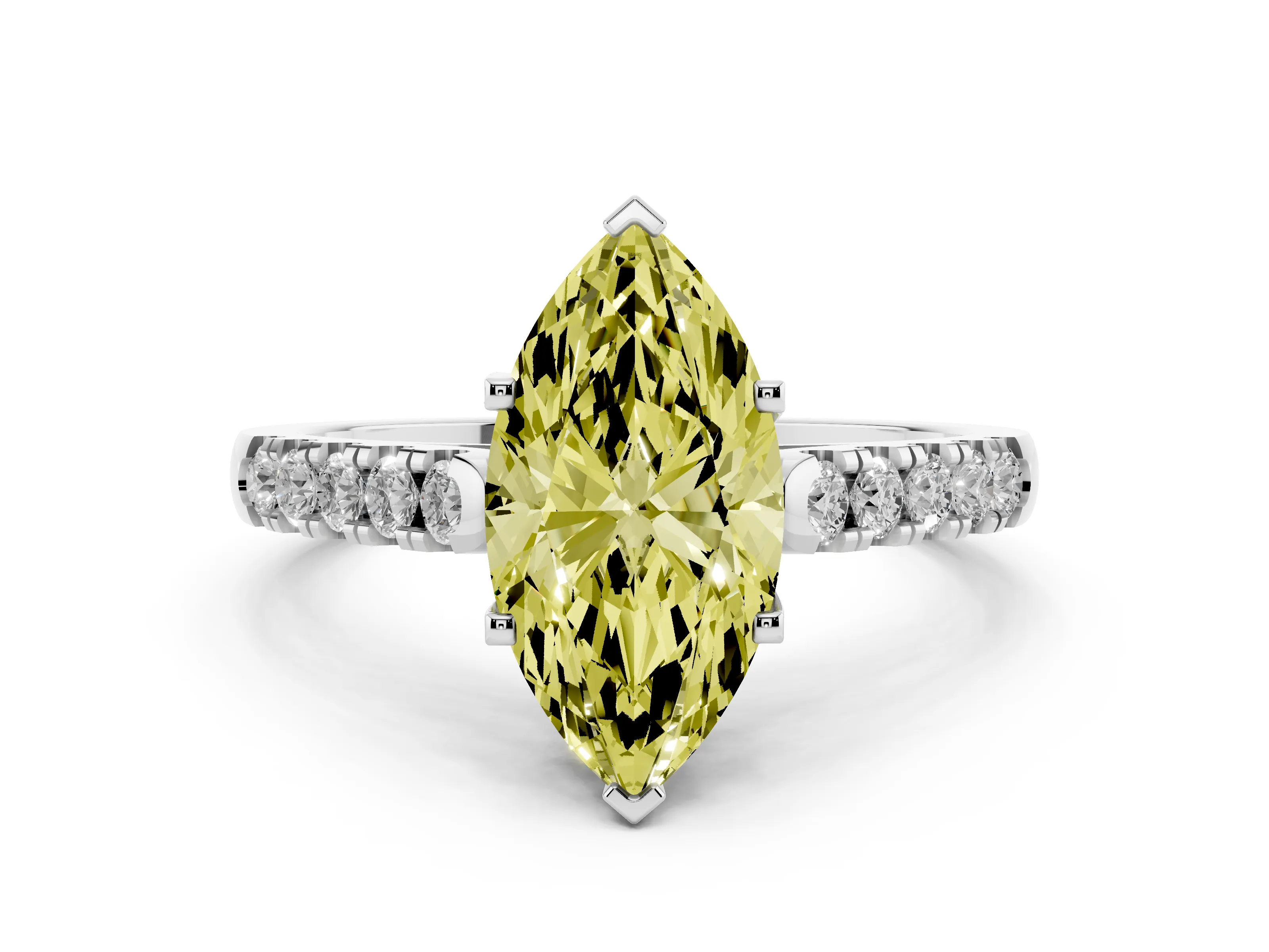 Fancy Yellow Marquise Cut Diamond Pavé Band Solitaire Ring Set in White gold with Partway Accent Stones and Prong Setting
