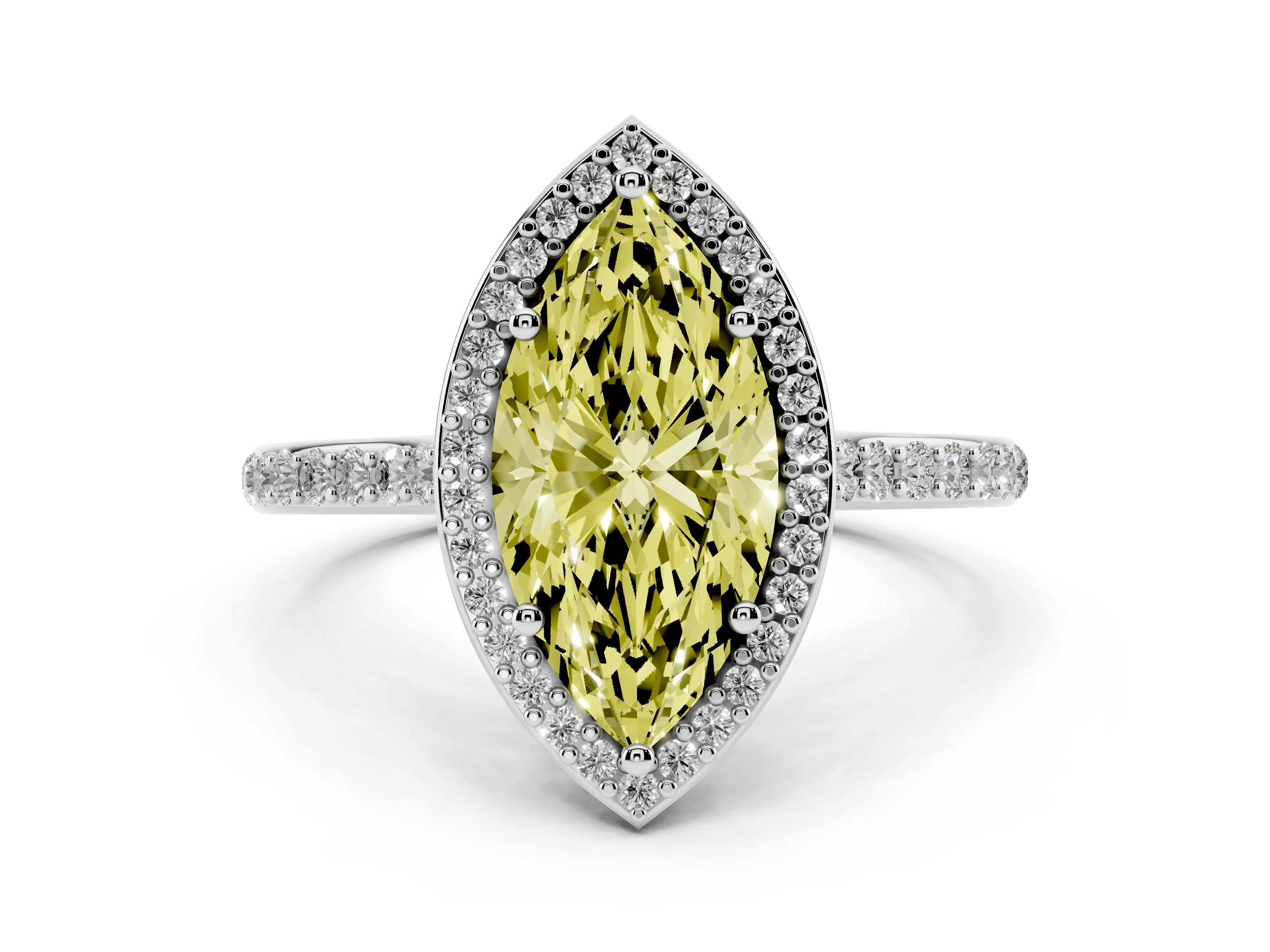 Fancy Yellow Marquise Cut Diamond Halo Engagement Ring Set in Platinum with Round Pavé Shoulders and Heart Gallery