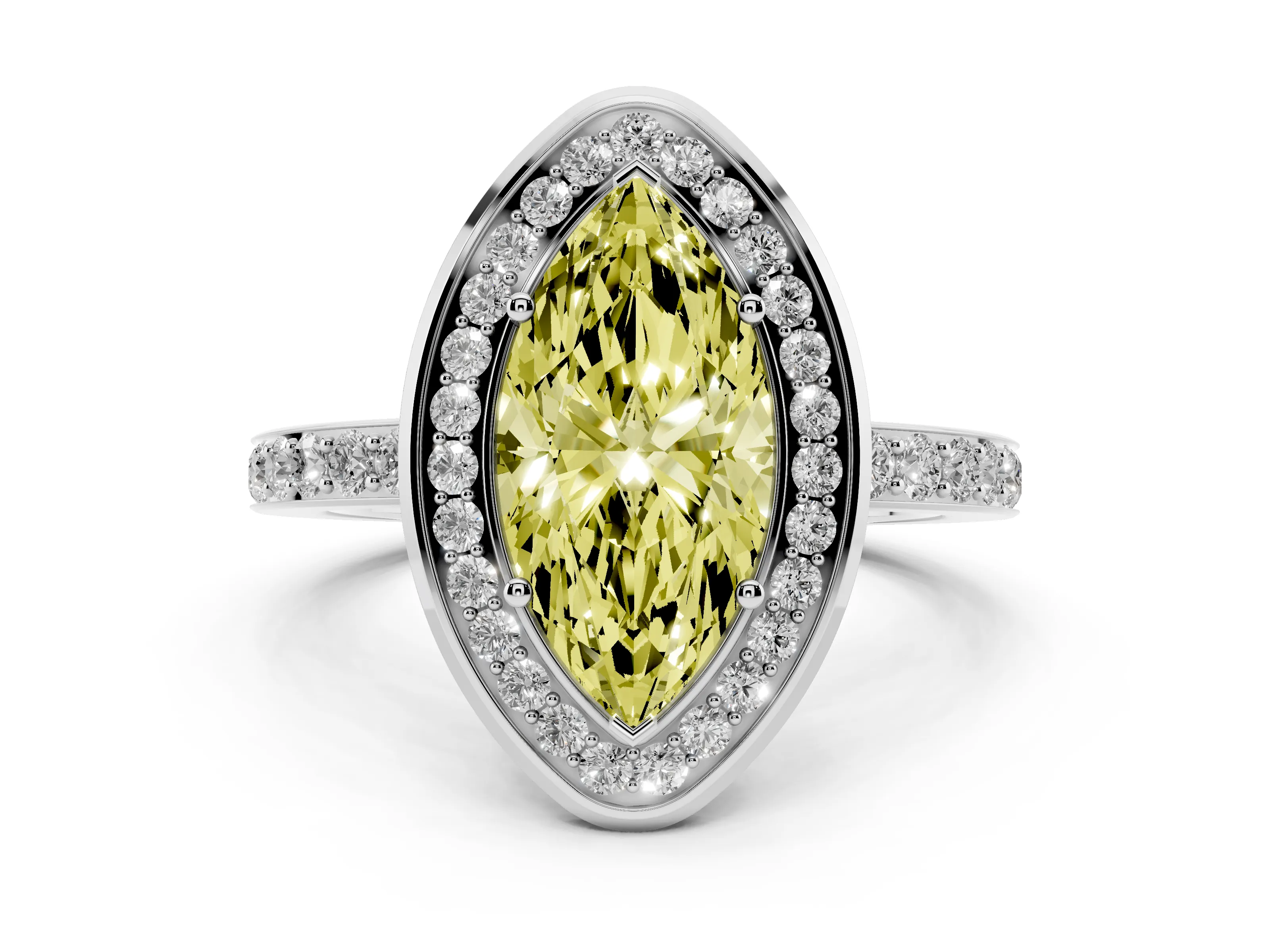 Fancy Yellow Marquise Cut Diamond Halo Ring Set in Silver with Bezel Frame and Pavé Band