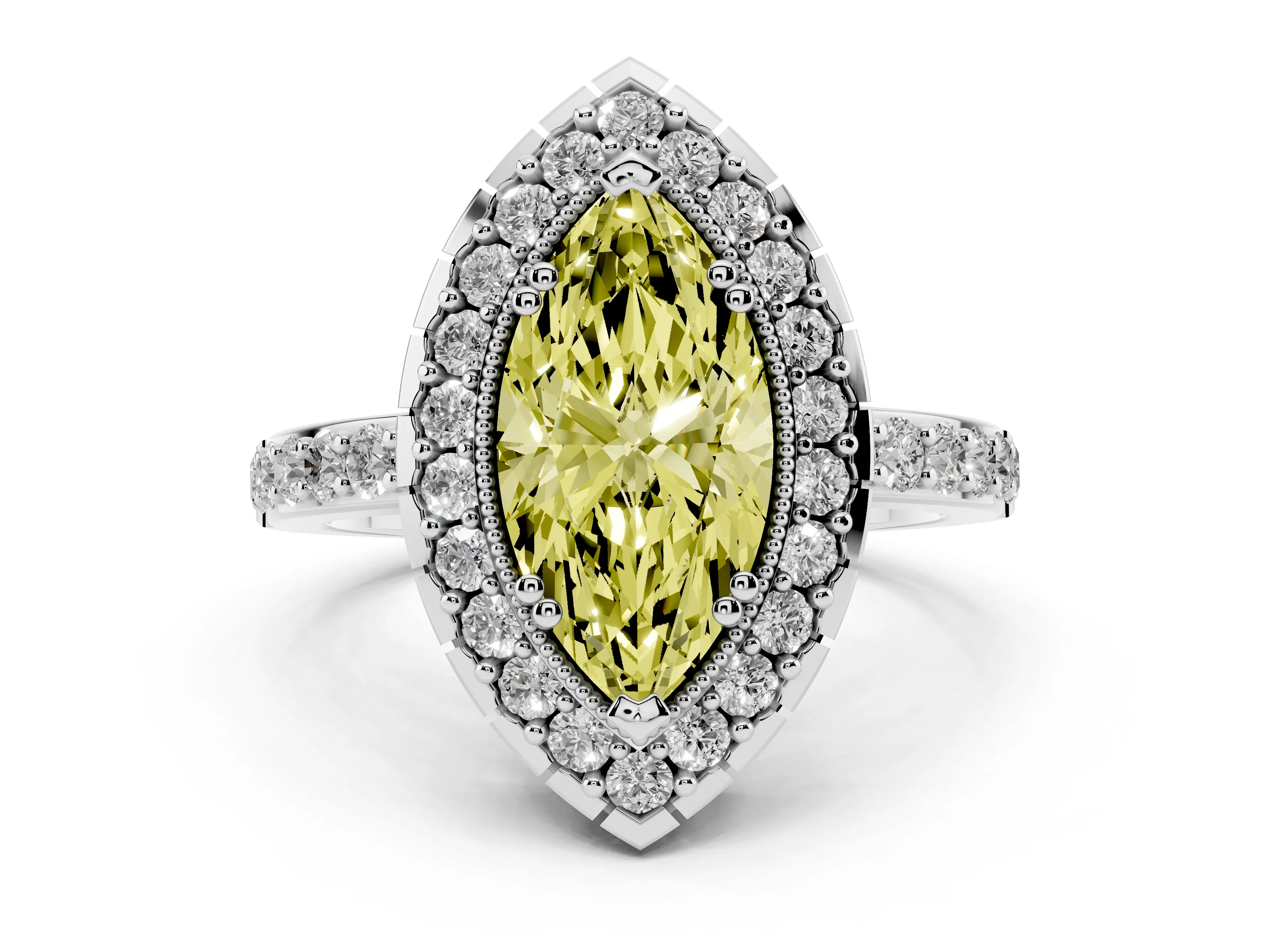 Fancy Yellow Marquise Cut Diamond Halo Ring Set in White gold with Pavé Shank and Prong Setting