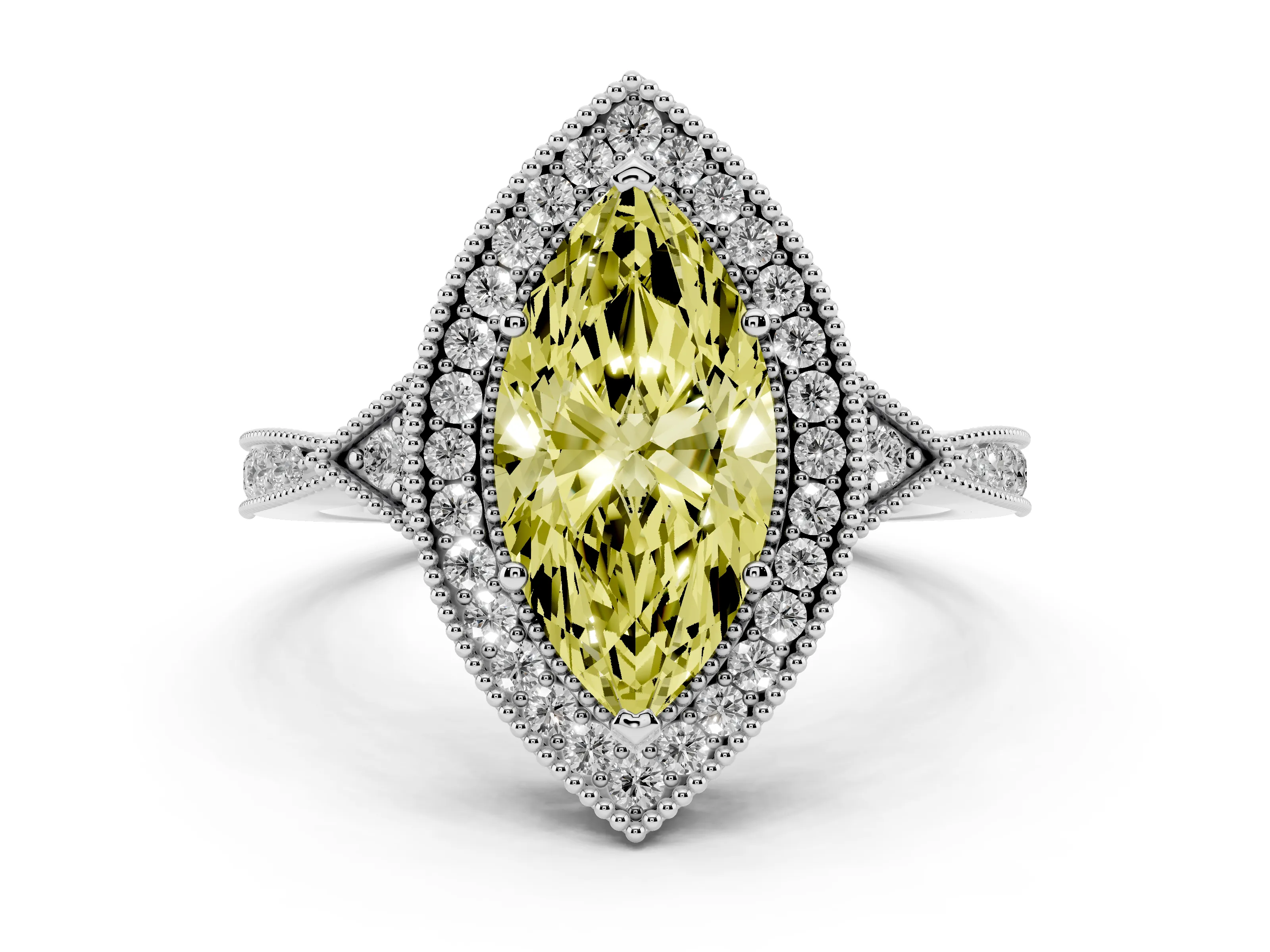 Fancy Yellow Marquise Cut Diamond Halo Engagement Ring Set in Platinum with Milgrain Pavé Band